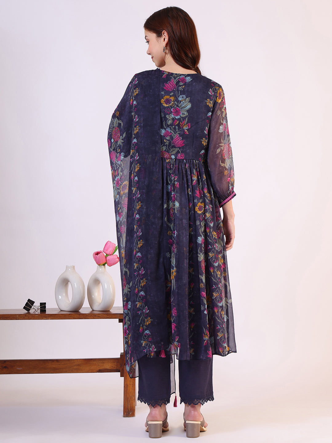 Floral Printed Flared Sheer Kota Kurta & Straight Pant with Dupatta Set