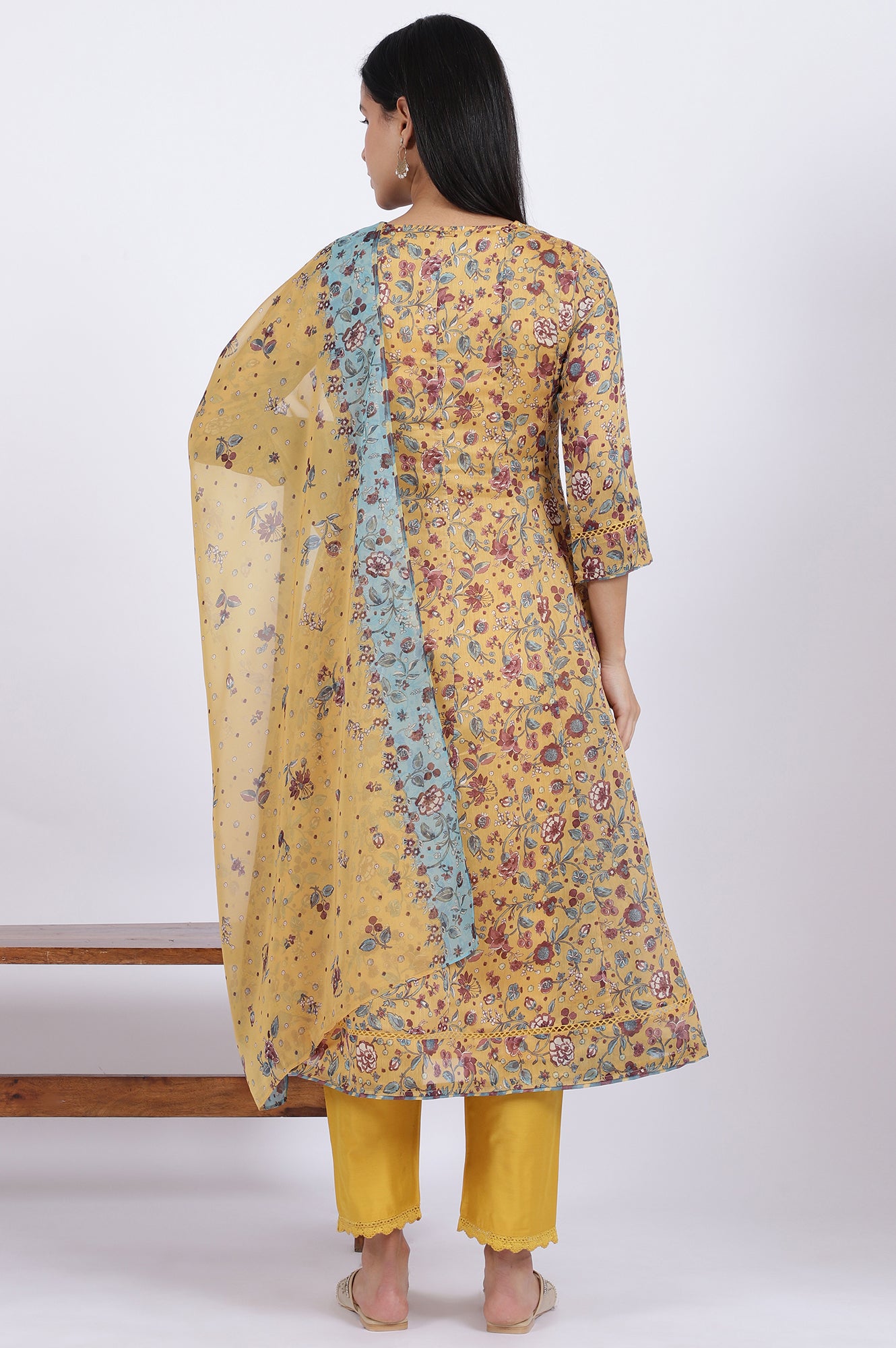 Yellow Floral Printed Chanderi Anarkali Kurta and Pants Set with Dupatta