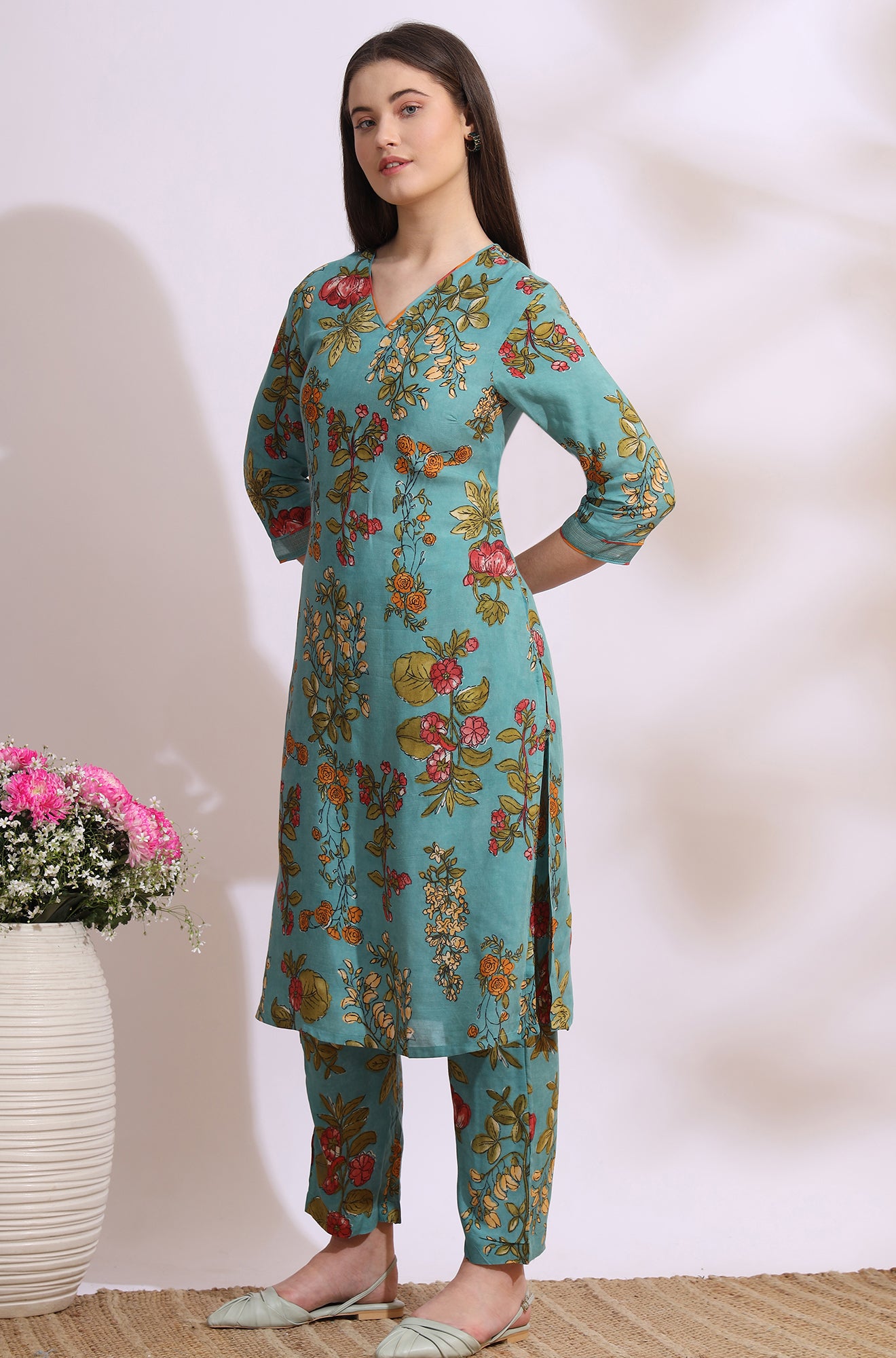 Reef Blue Floral Printed Modal Straight Kurta, Pants and Dupatta Set