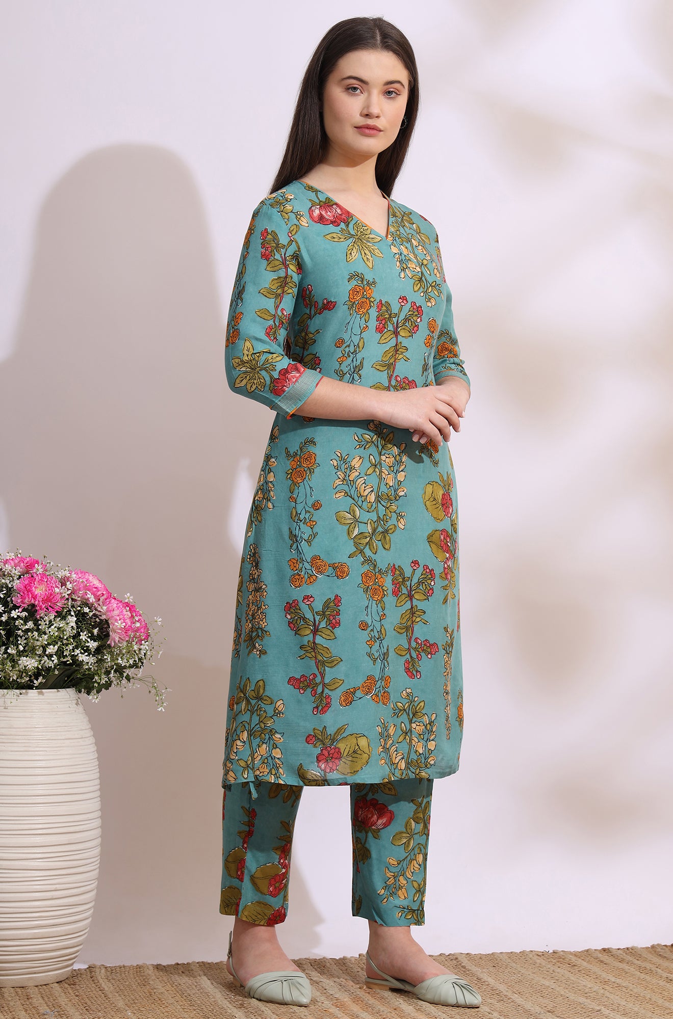 Reef Blue Floral Printed Modal Straight Kurta, Pants and Dupatta Set