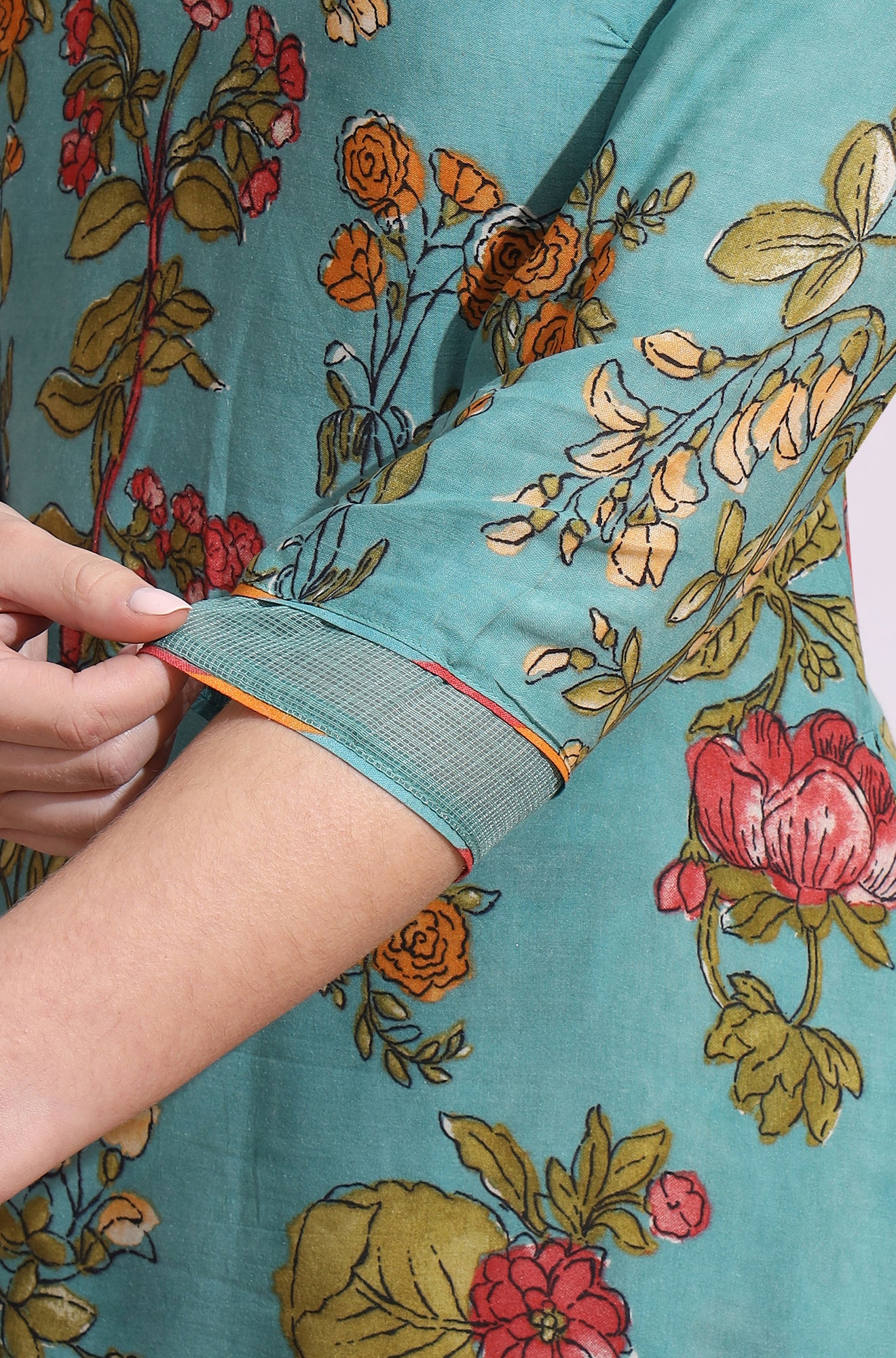 Reef Blue Floral Printed Modal Straight Kurta, Pants and Dupatta Set