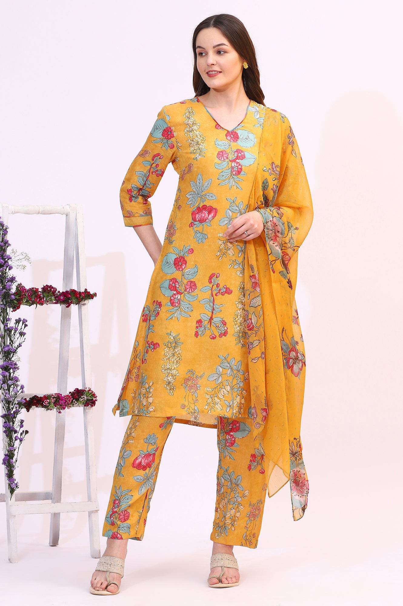 Amber Yellow Floral Printed Modal Straight Kurta, Pants and Dupatta Set