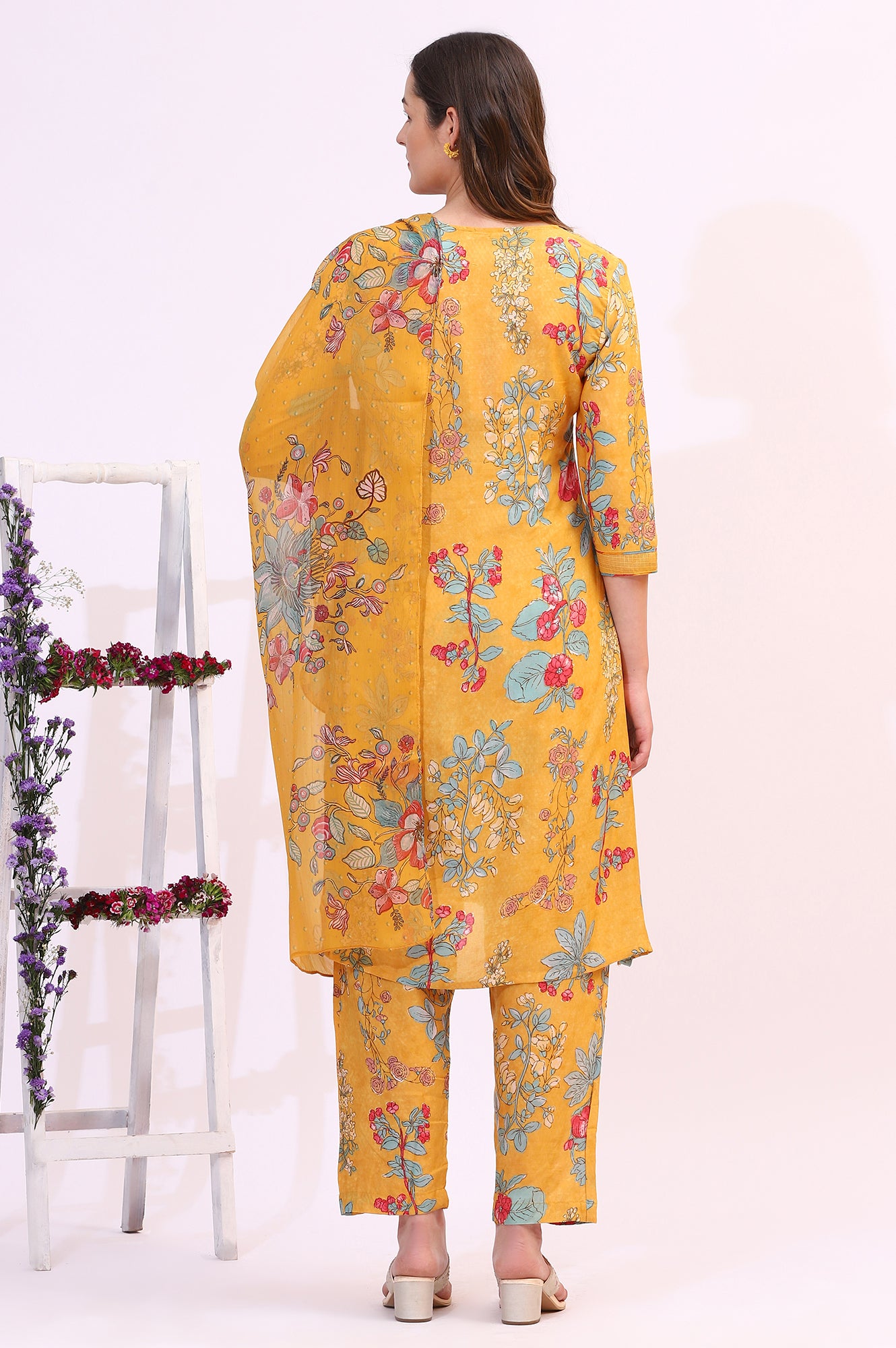 Amber Yellow Floral Printed Modal Straight Kurta, Pants and Dupatta Set