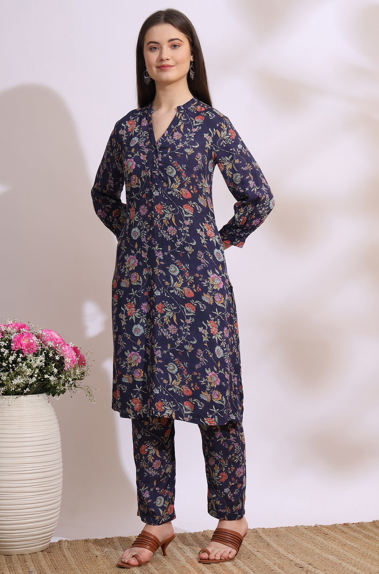 Ink Grey Floral Printed Modal A-line Kurta and Pants Co-ord Set