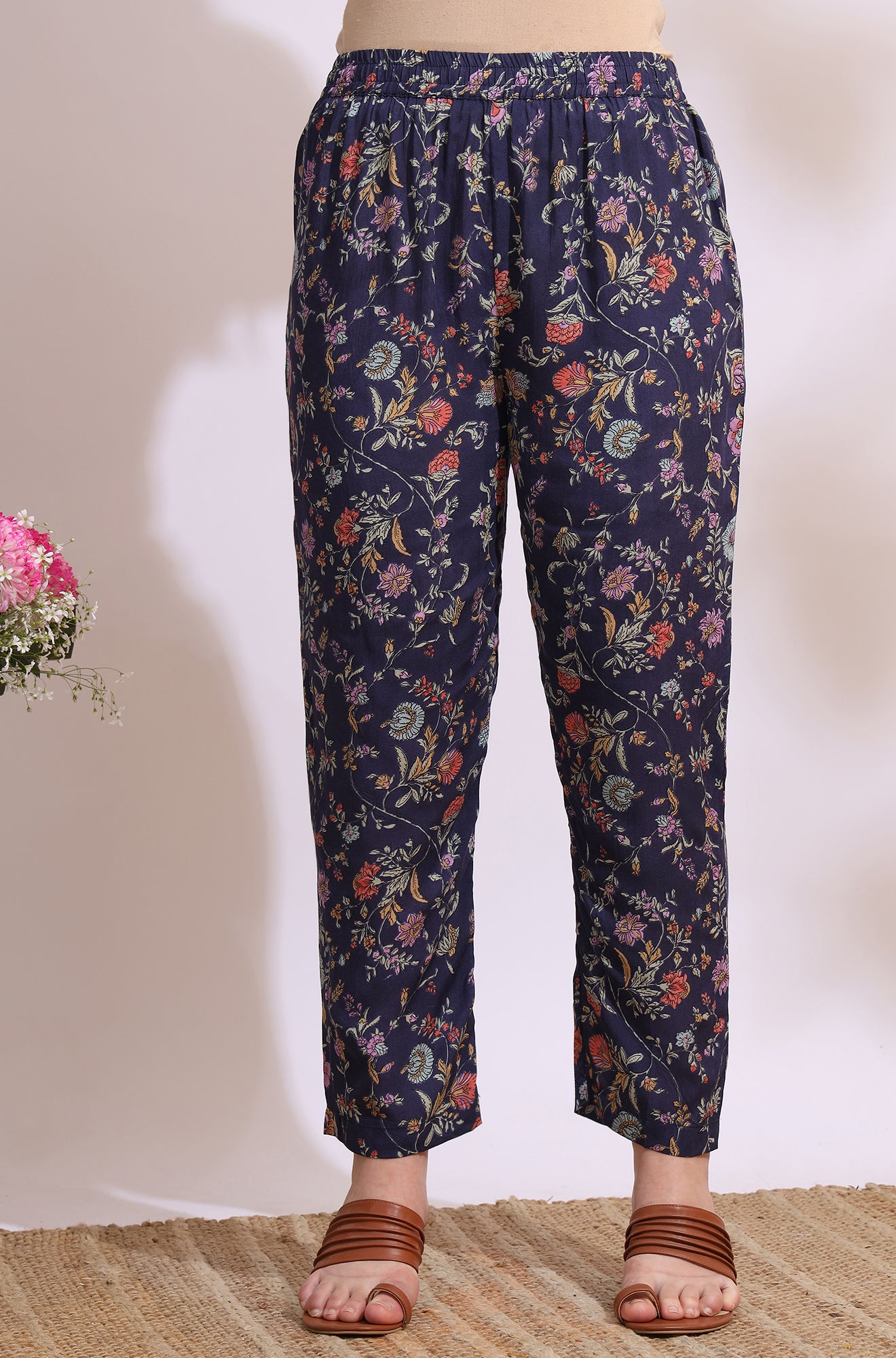 Ink Grey Floral Printed Modal A-line Kurta and Pants Co-ord Set