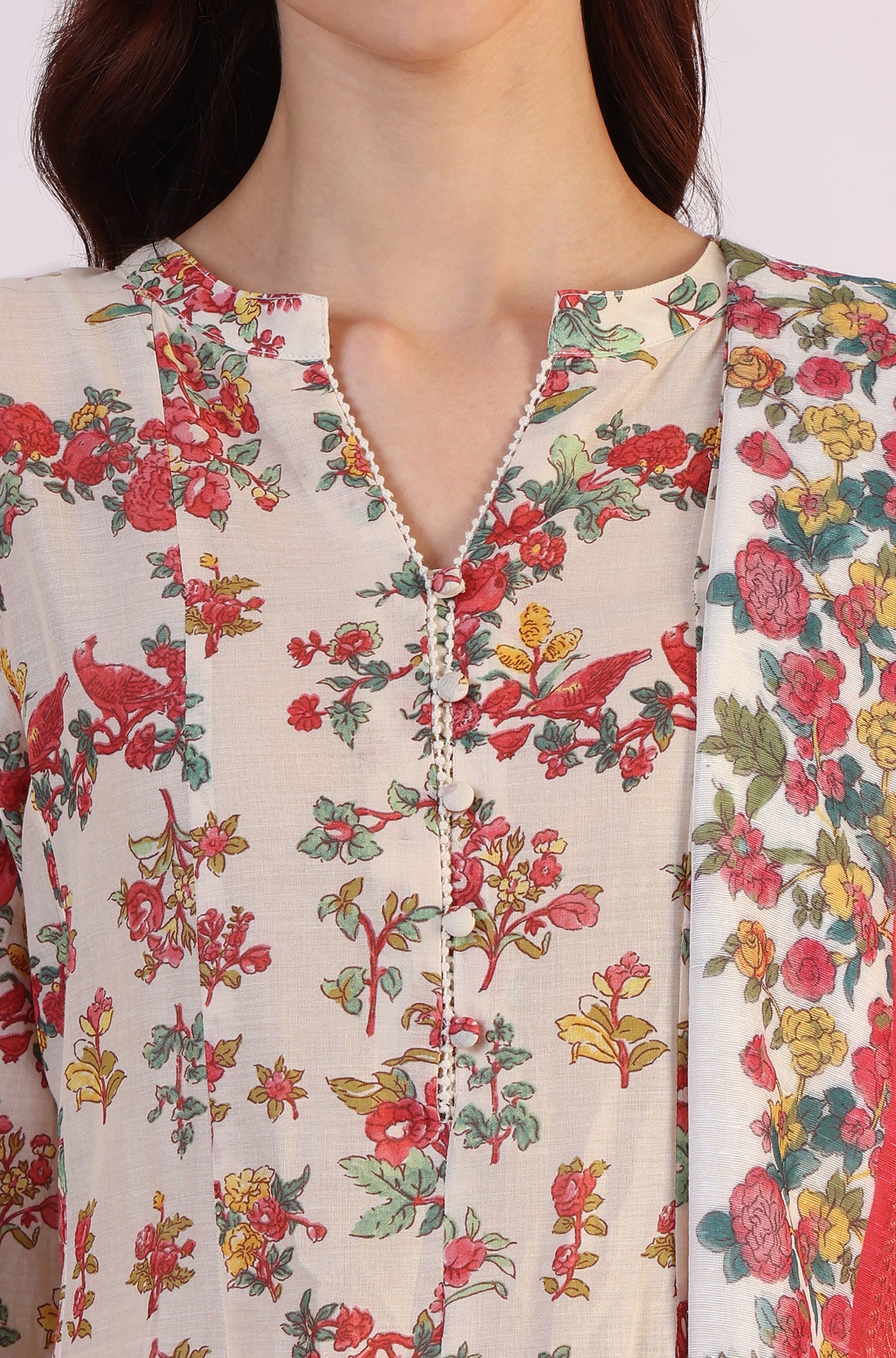 White Floral Printed Flared Pure Cotton Kurta & Straight Pant With Dupatta Set