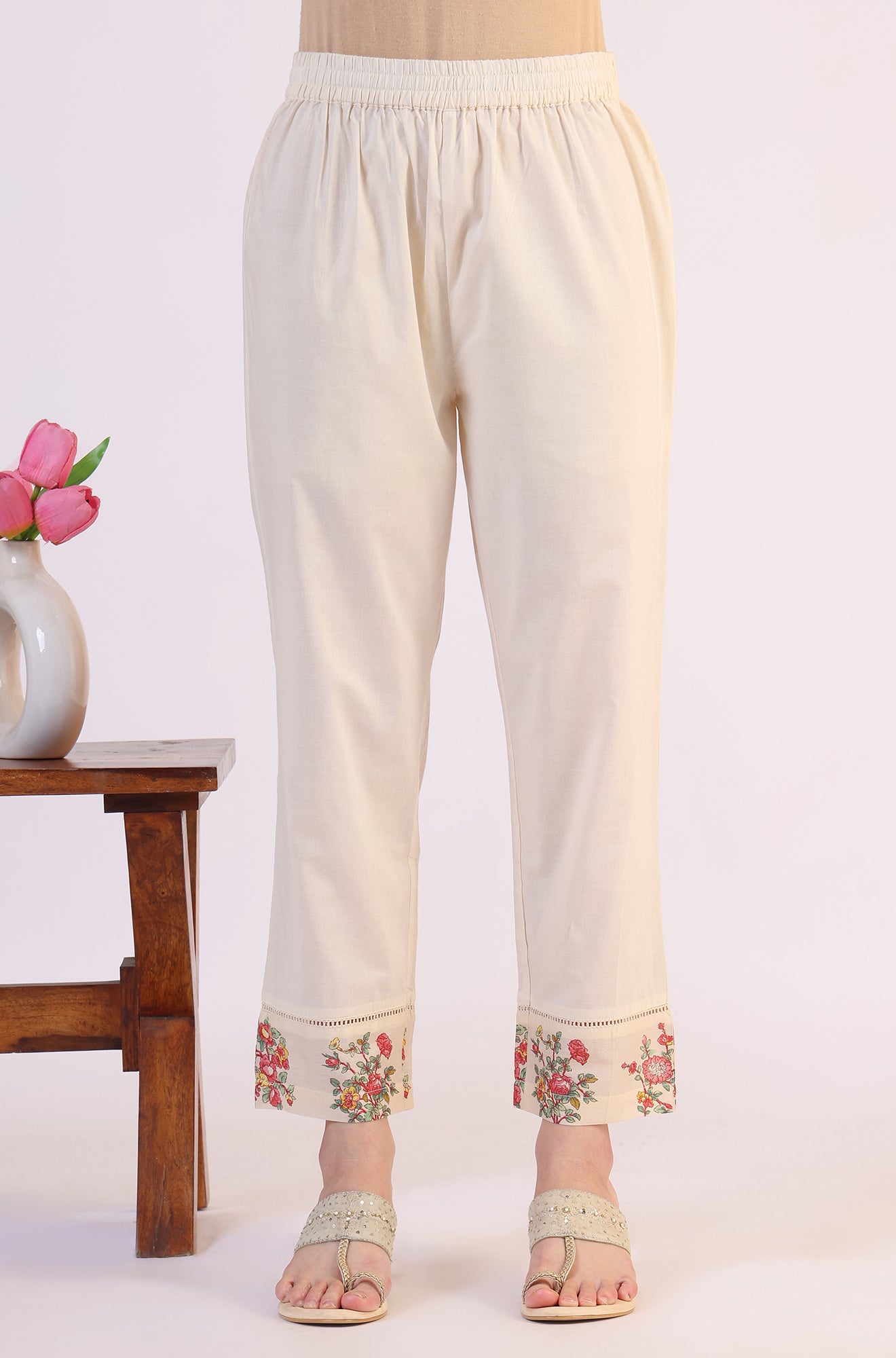 White Floral Printed Flared Pure Cotton Kurta & Straight Pant With Dupatta Set