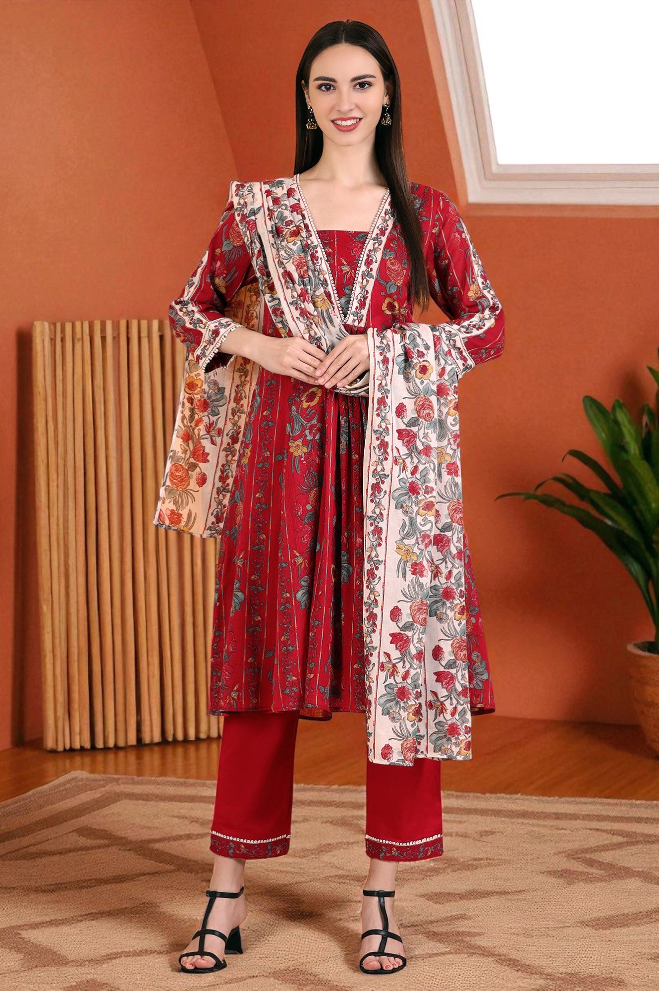 Red Floral Printed Pure Cotton Flared Kurta and Pants Co-ord Set with Dupatta