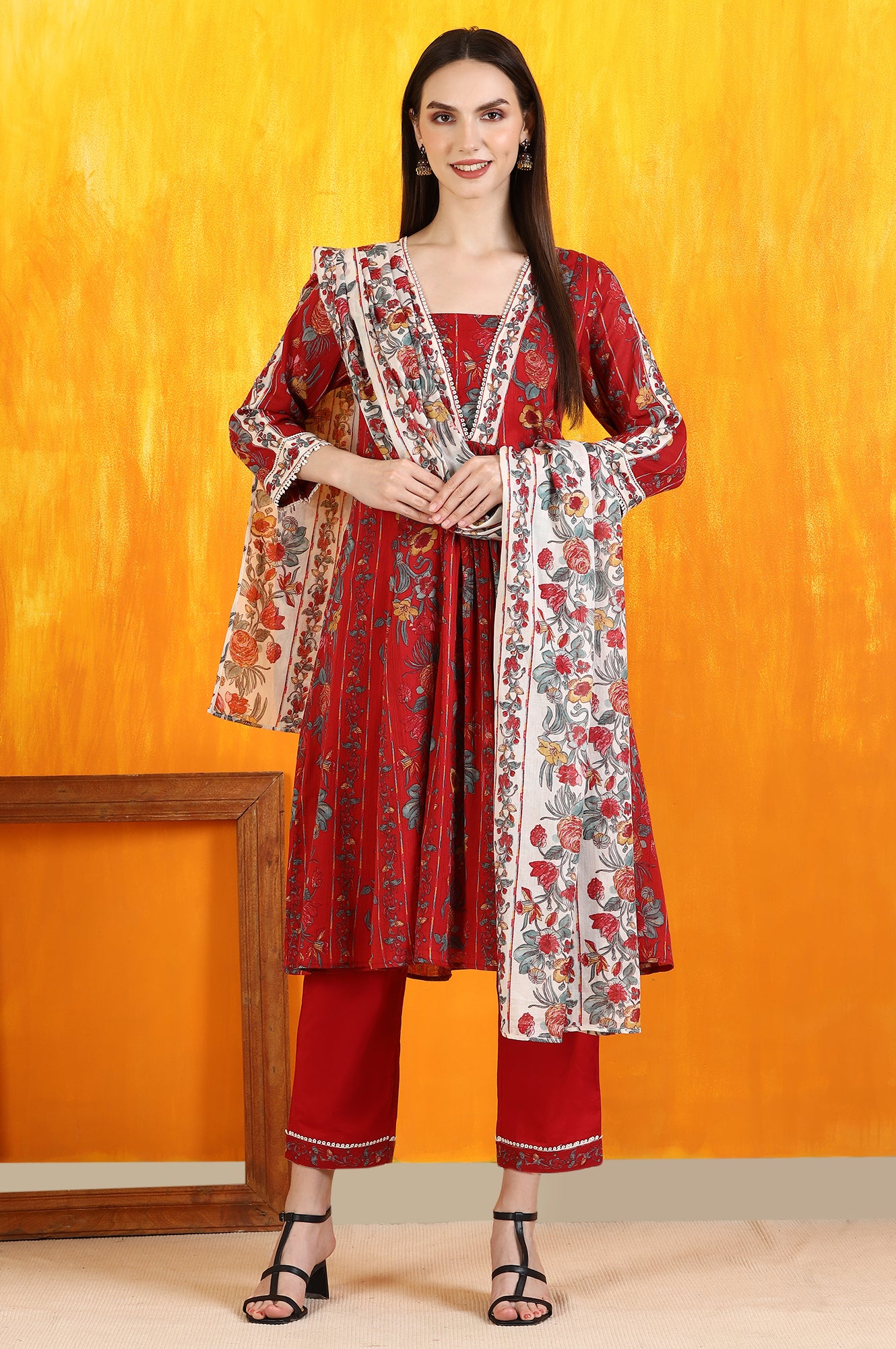 Red Floral Printed Pure Cotton Flared Kurta and Pants Co-ord Set with Dupatta