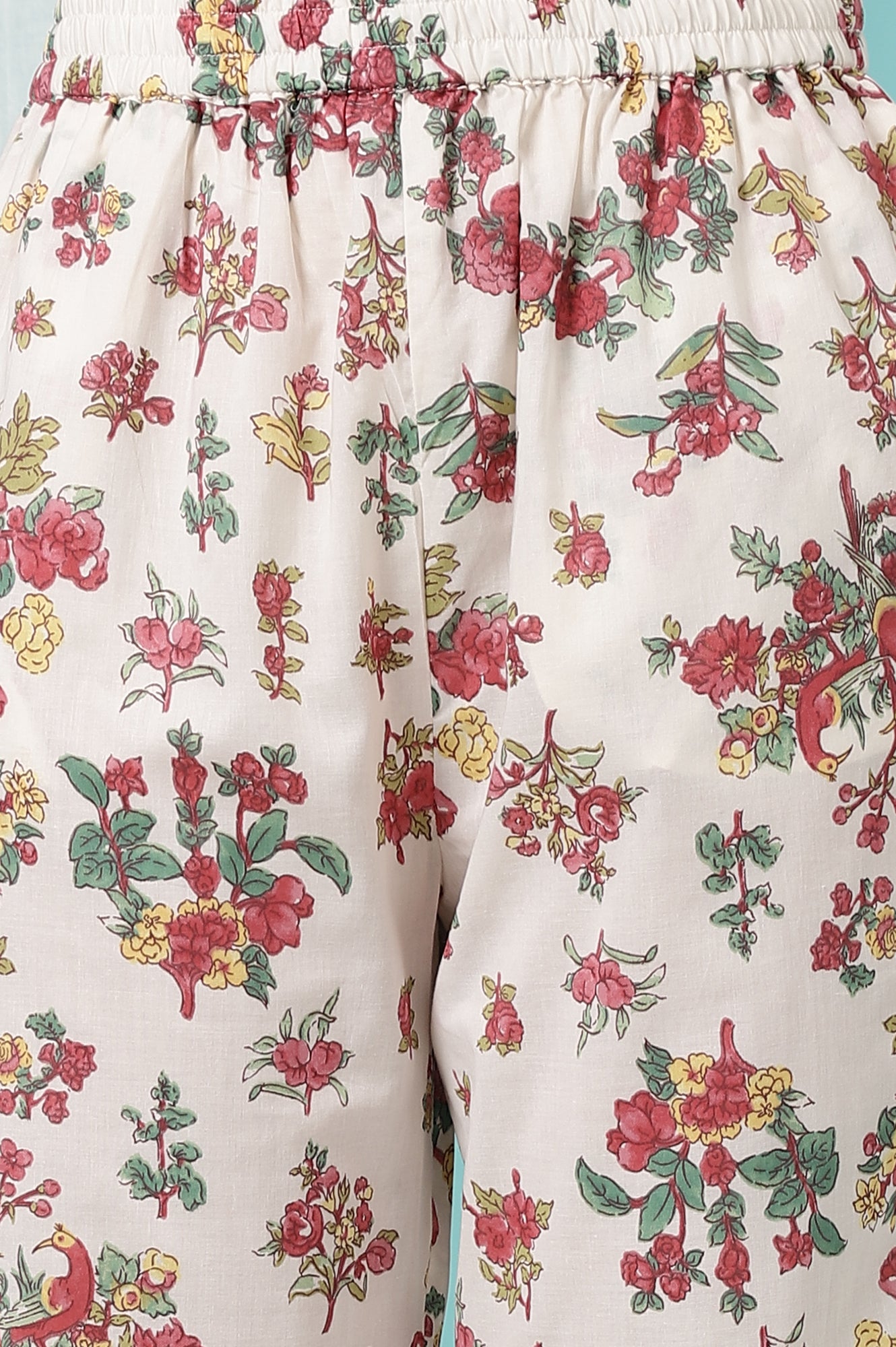 White Floral Printed Textured Cotton Kurta, Pants and Dupatta Set