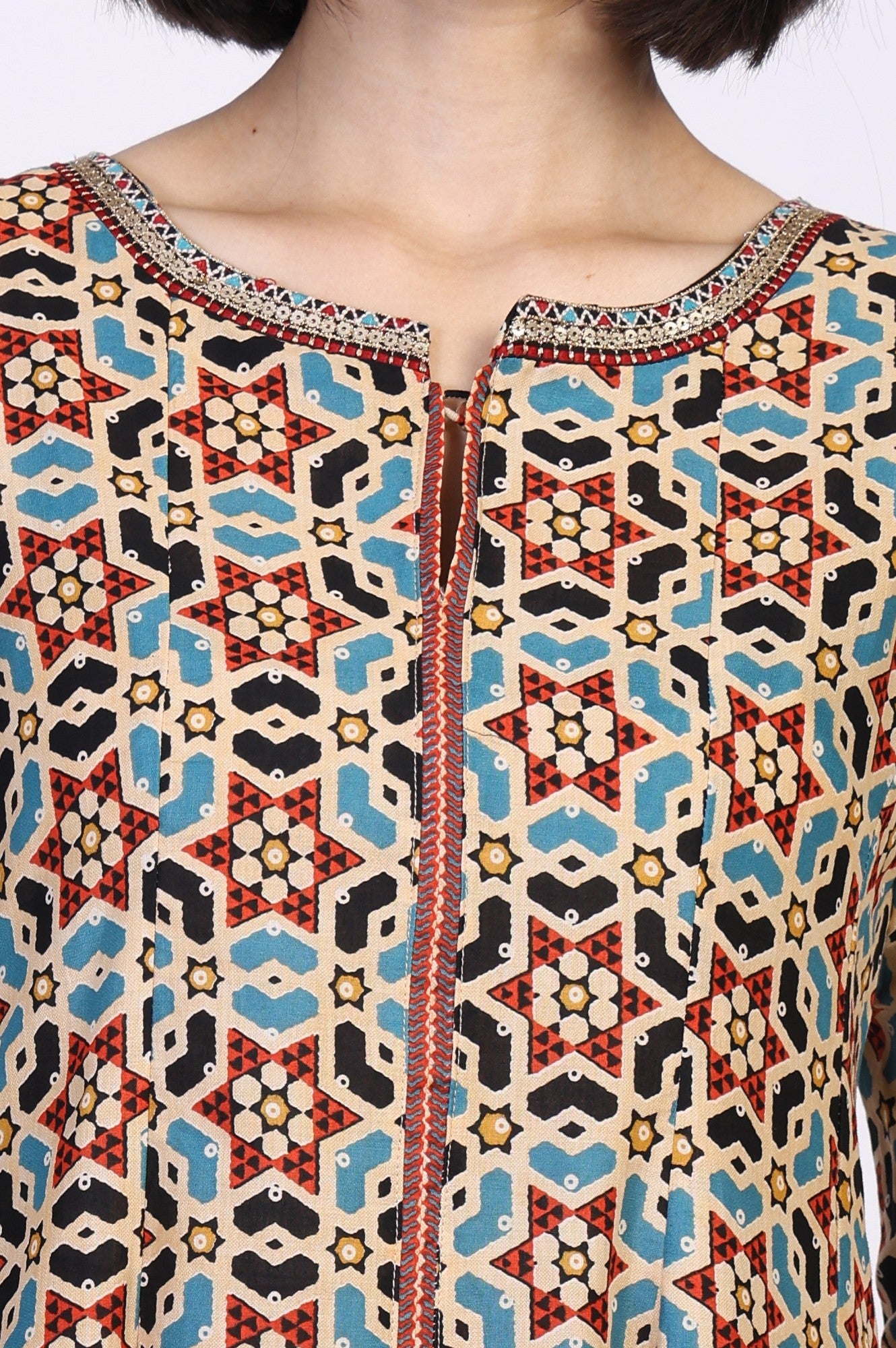 Multicolor Geometric printed Flared Cotton Kurta with Parallel Pant Set