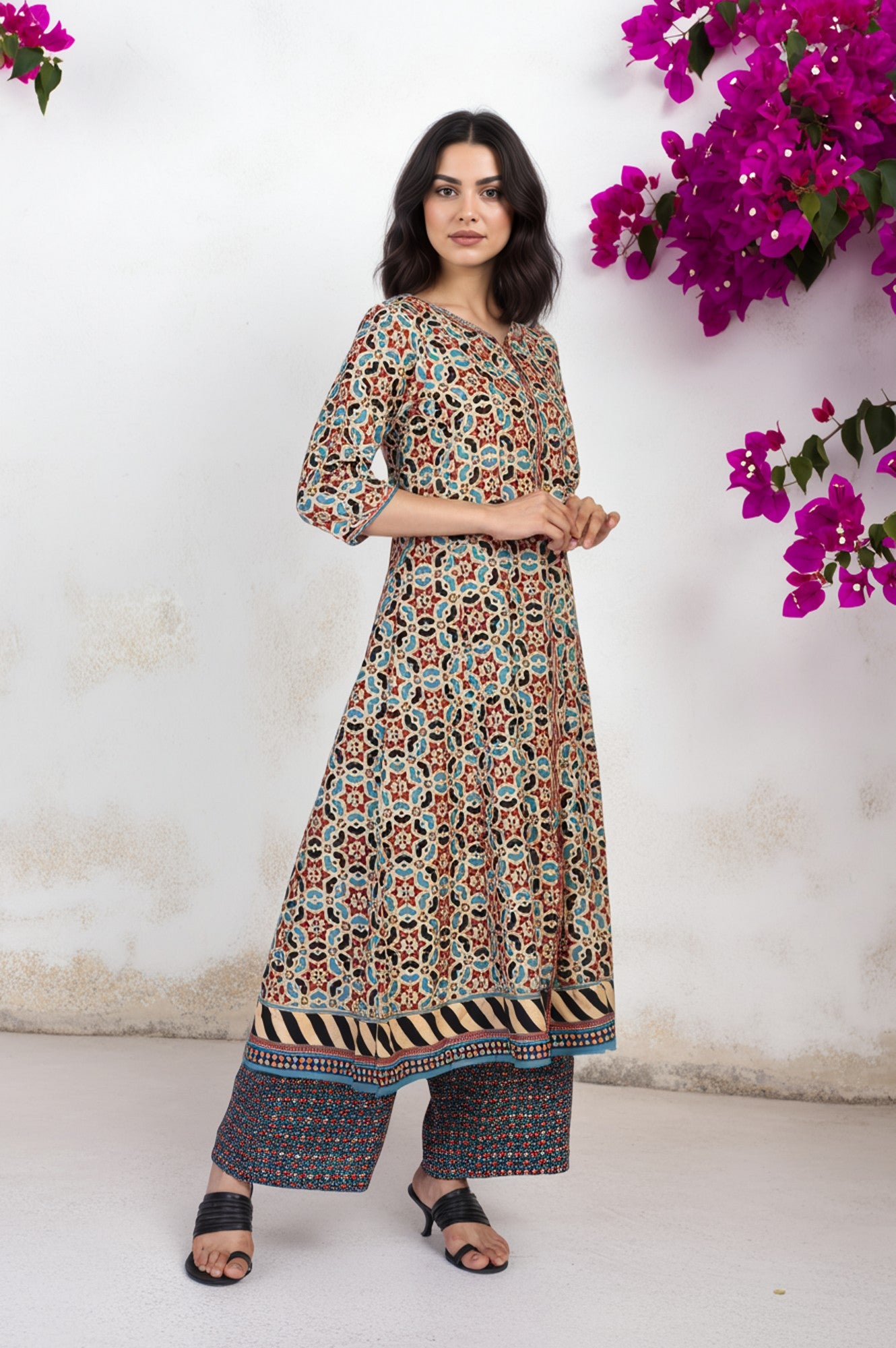 Multicolor Geometric printed Flared Cotton Kurta with Parallel Pant Set