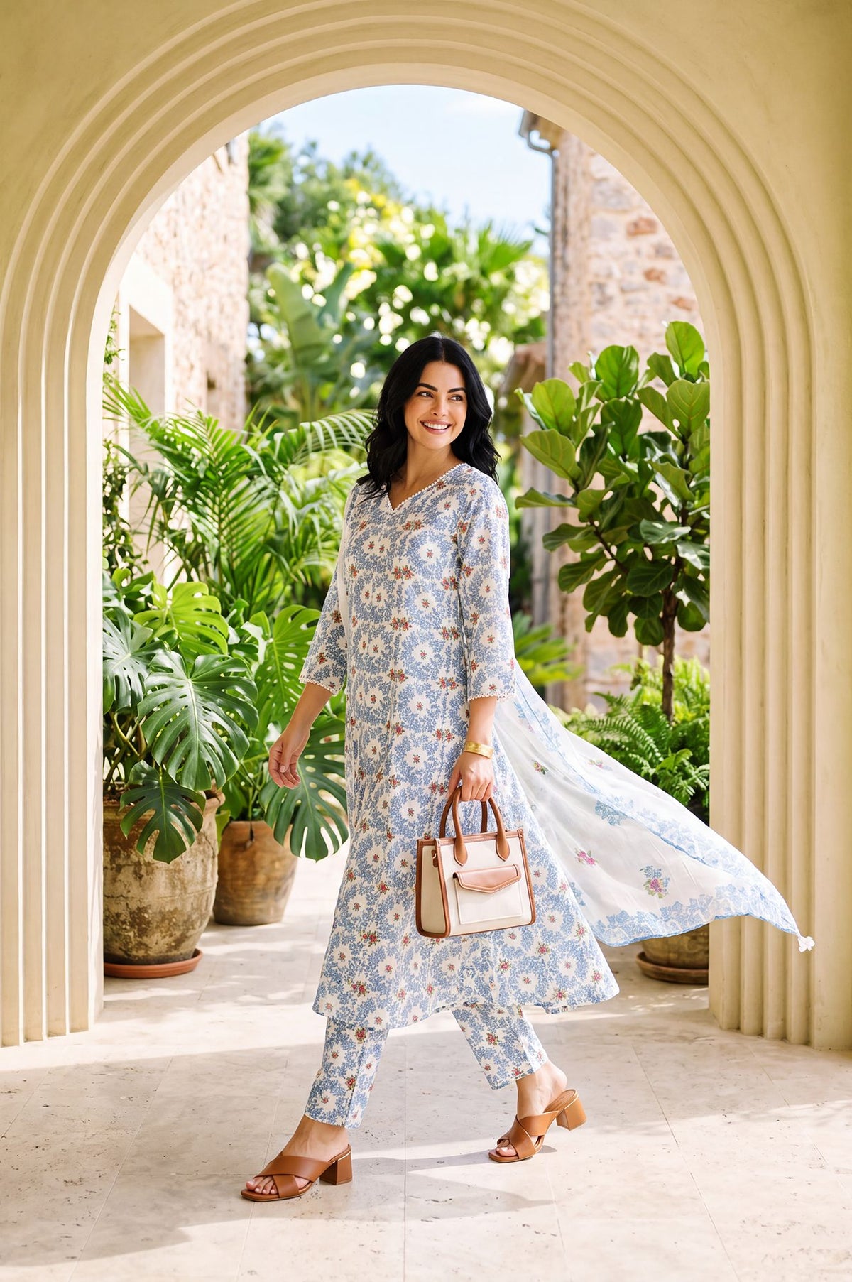 White Floral Printed Lace Pure Cotton Straight Anarkali Kurta with Pants and Dupatta Set