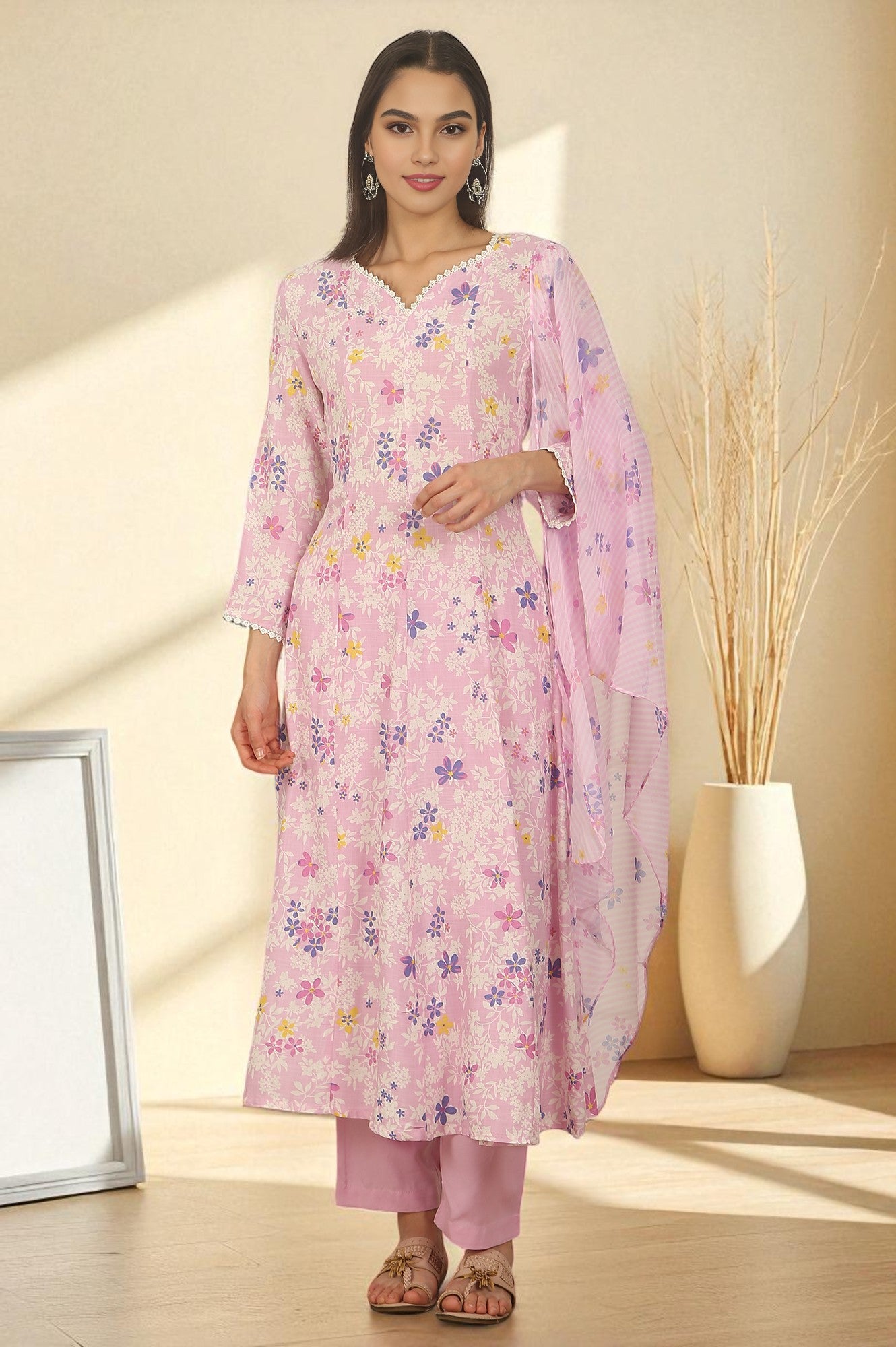 Pink Floral Printed Flared Rayon Kurta, Pants and Dupatta Set