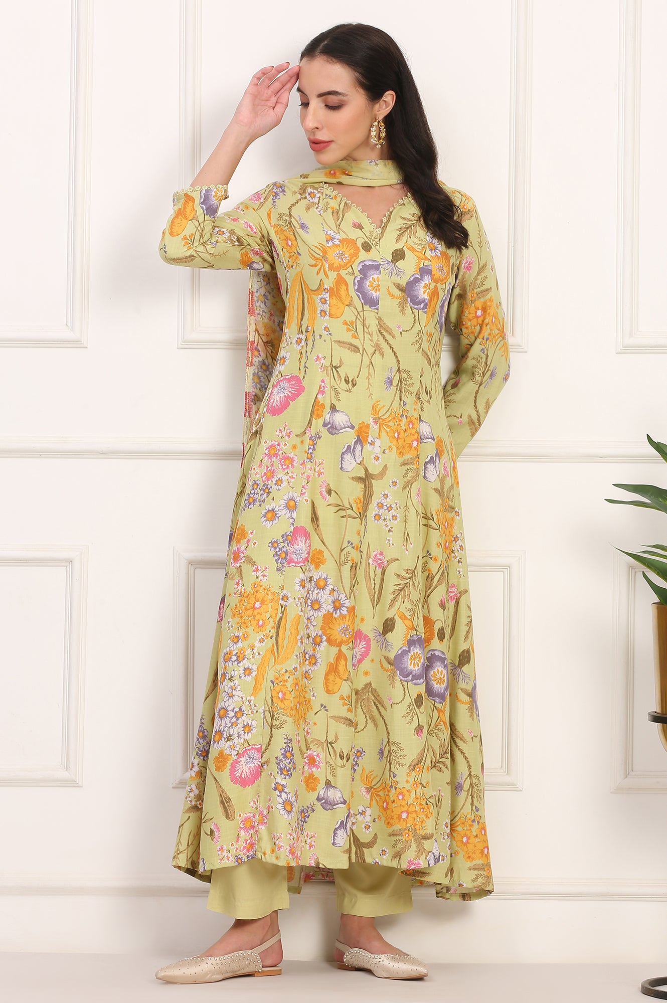 Light Green Floral Printed Rayon Anarkali Kurta, Pant and Dupatta Set