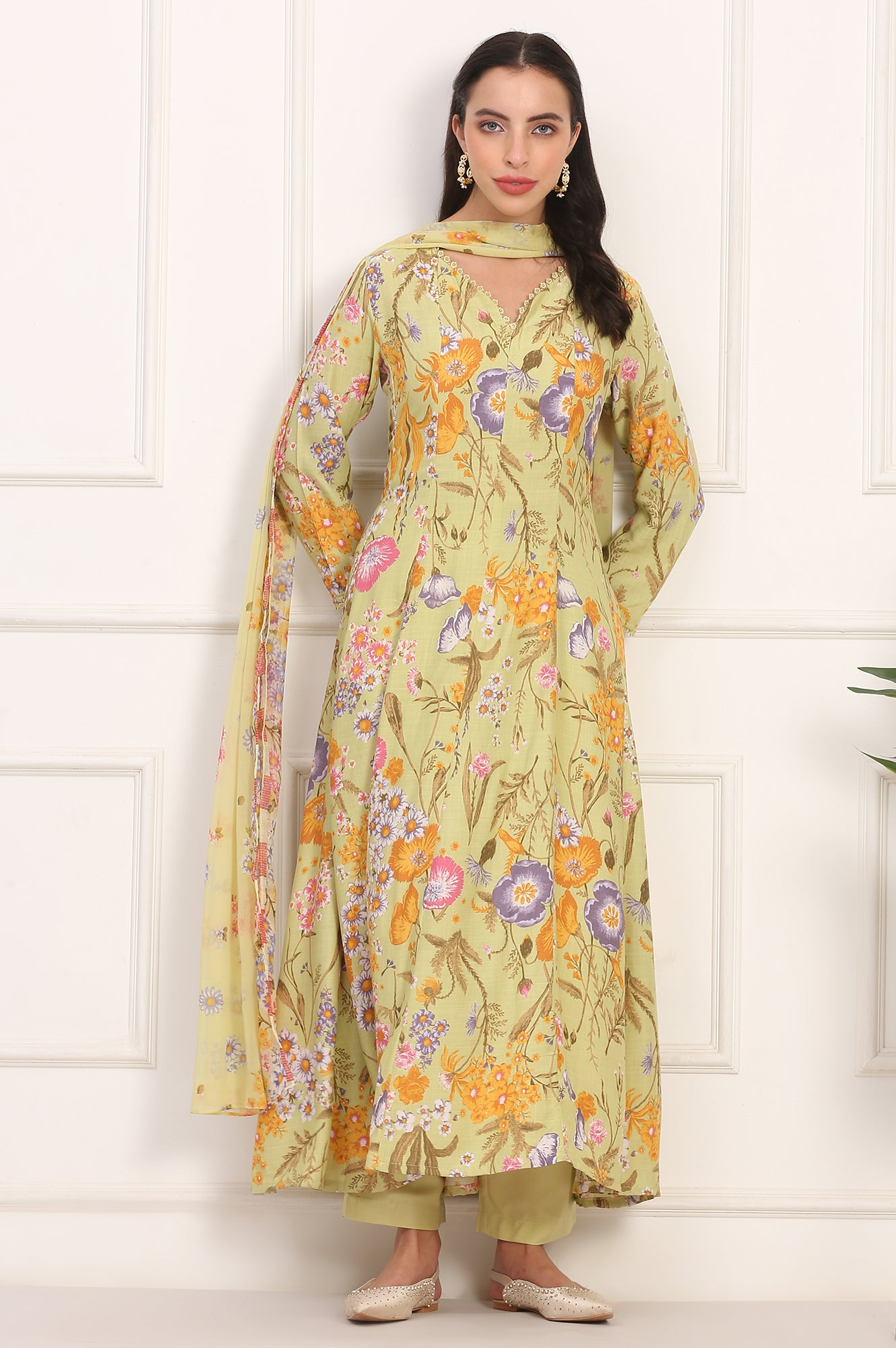 Light Green Floral Printed Rayon Anarkali Kurta, Pant and Dupatta Set