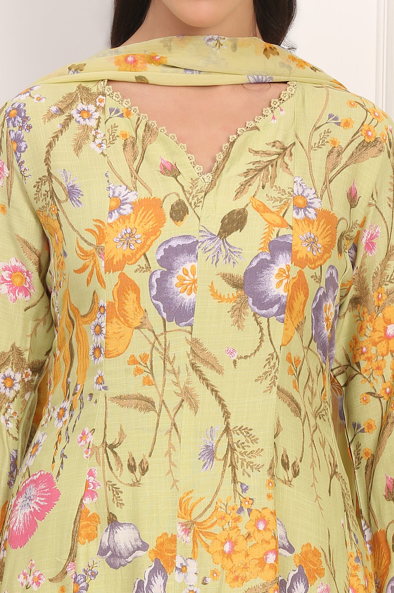 Light Green Floral Printed Rayon Anarkali Kurta, Pant and Dupatta Set