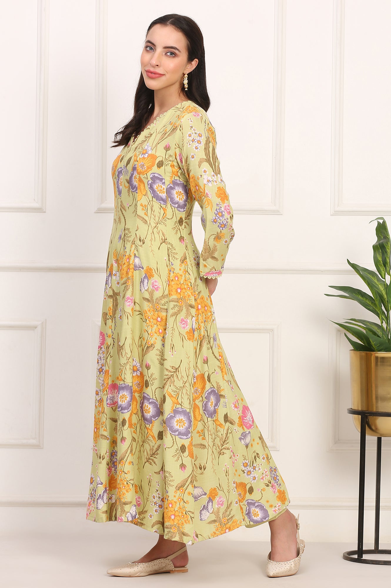 Light Green Floral Printed Rayon Anarkali Kurta, Pant and Dupatta Set