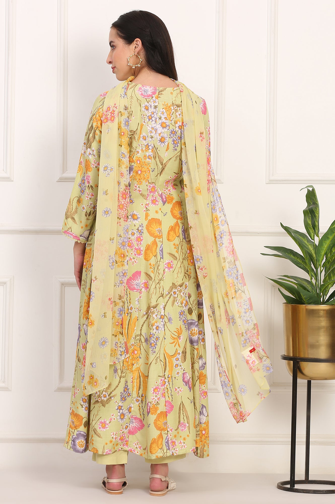 Light Green Floral Printed Rayon Anarkali Kurta, Pant and Dupatta Set