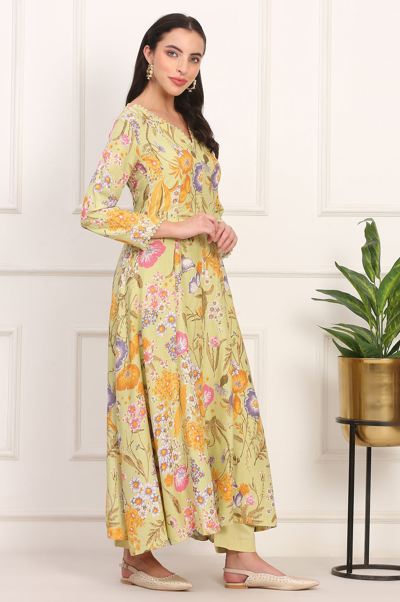 Light Green Floral Printed Rayon Anarkali Kurta, Pant and Dupatta Set