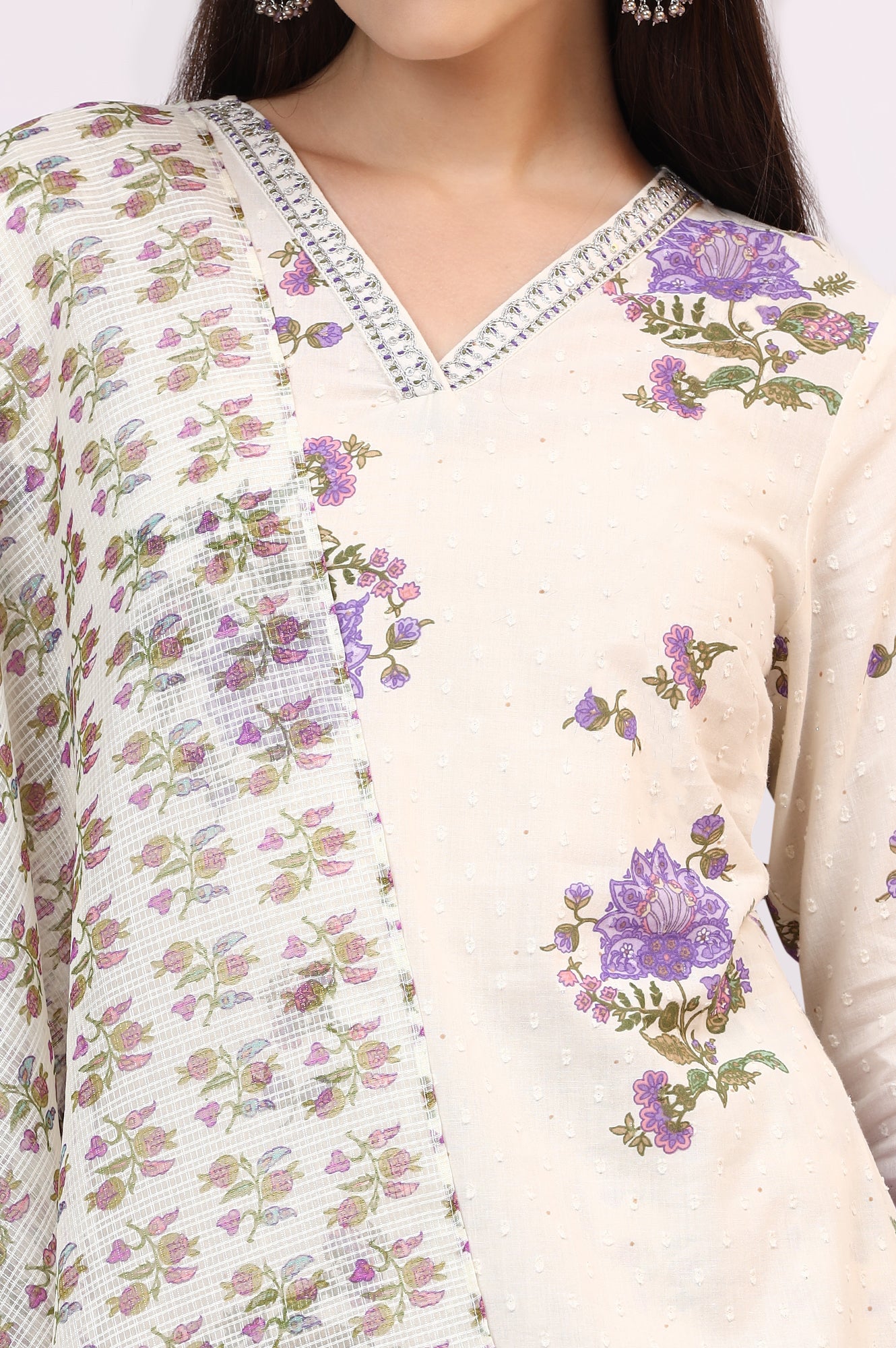 White Floral Printed Pure Cotton Straight Kurta and Pants Co-ord Set with Dupatta