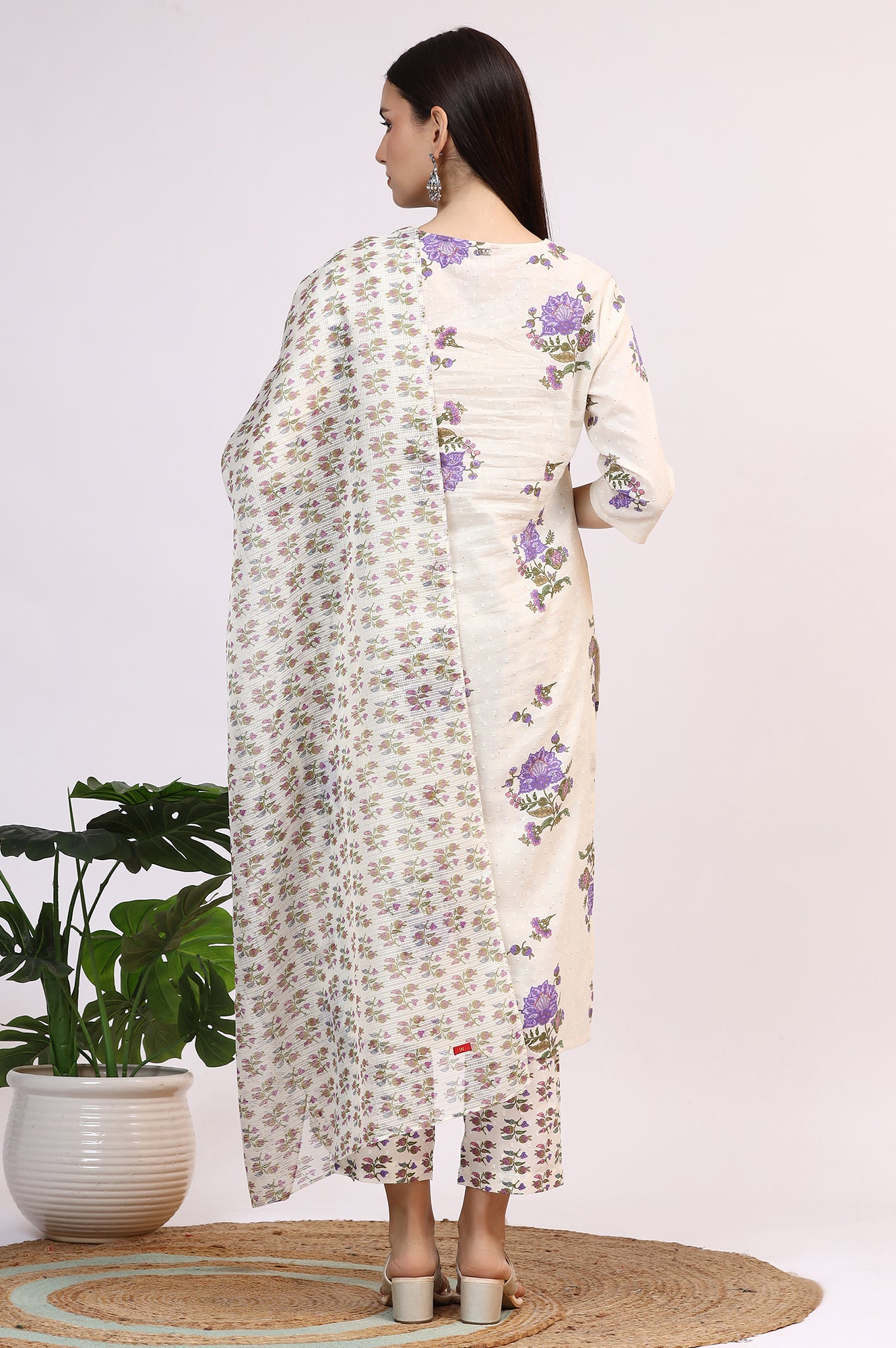White Floral Printed Pure Cotton Straight Kurta and Pants Co-ord Set with Dupatta