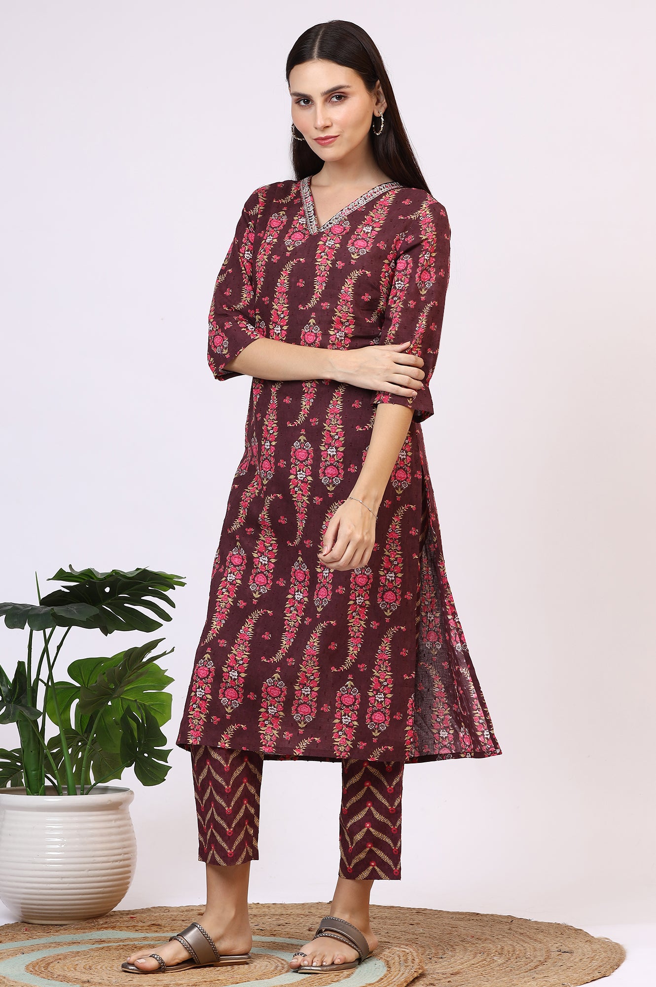 Wine Floral Printed Pure Cotton Straight Kurta and Pants Co-ord Set with Dupatta