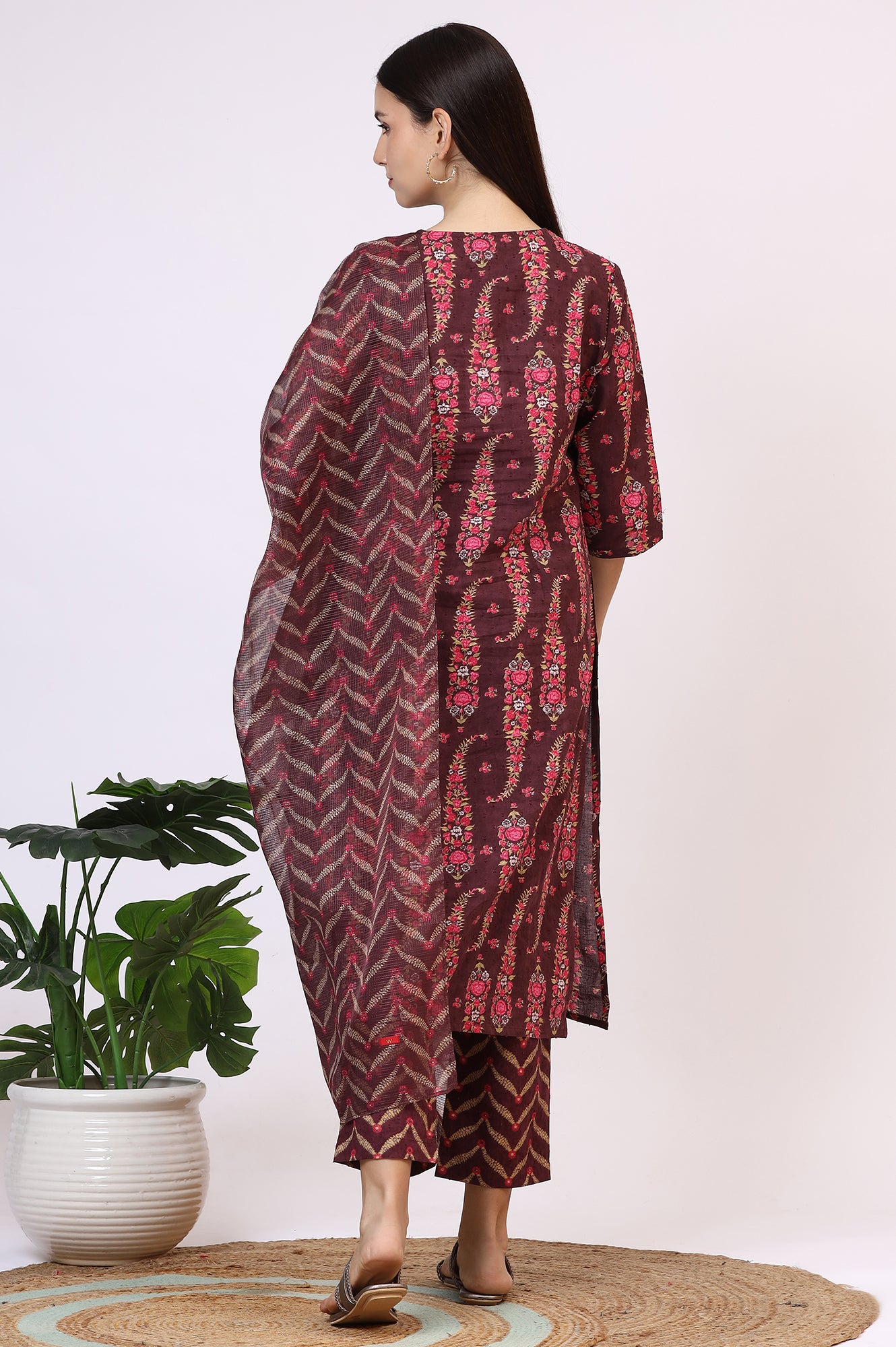 Wine Floral Printed Pure Cotton Straight Kurta and Pants Co-ord Set with Dupatta