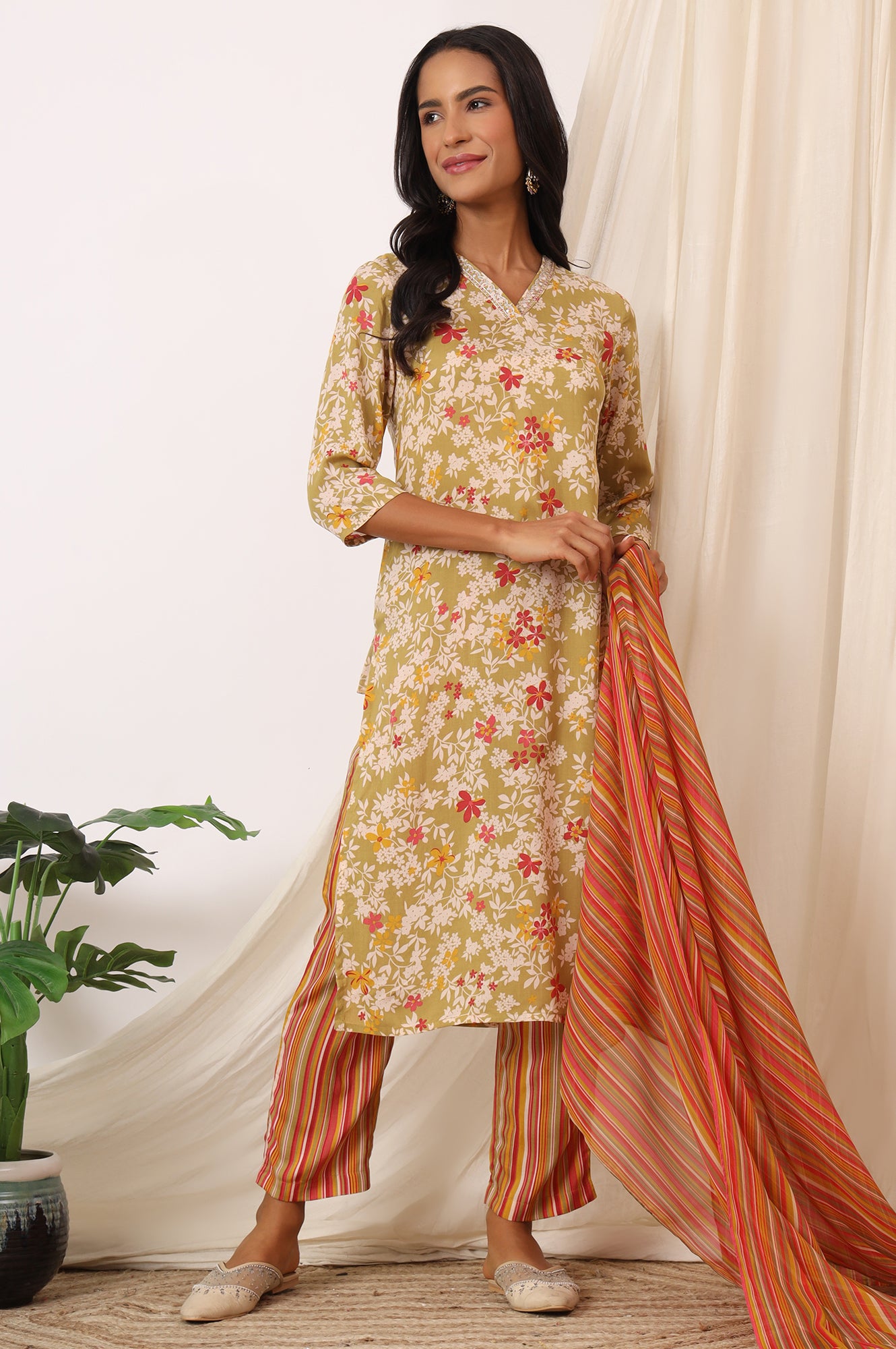 Beige Floral Printed Pure Cotton Straight Kurta, Pants and Dupatta Set