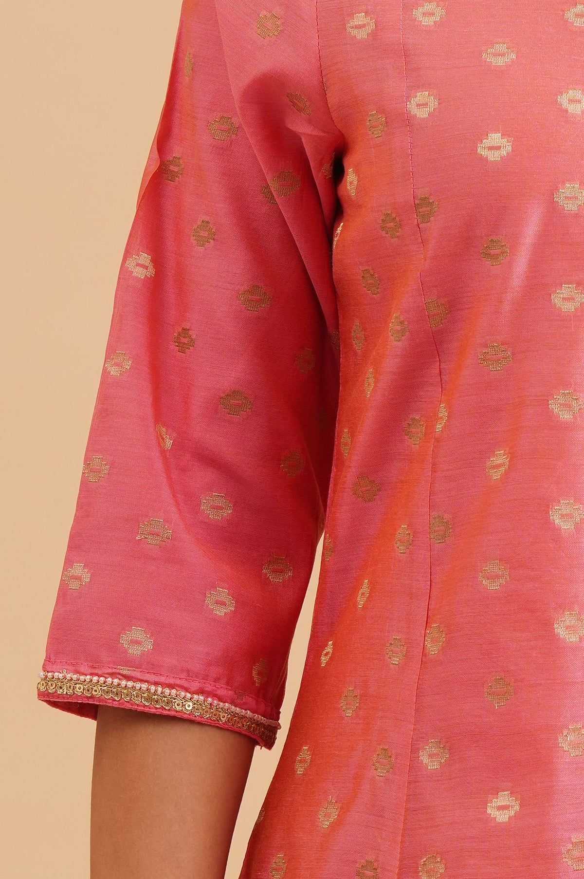 Pink Sequins Gold Printed Yarn Dyed Chanderi A-line Kurta with Parallel Pant Set