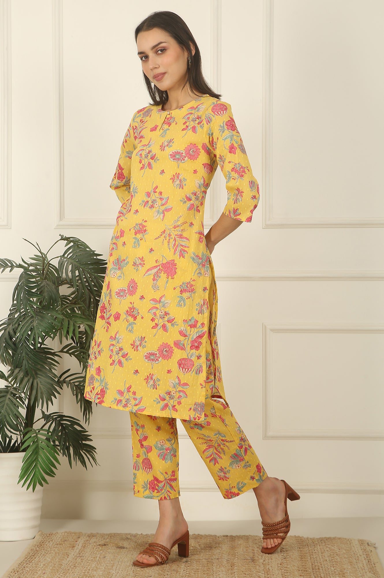 Yellow Floral Printed Swiss Dot Cotton Straight Kurta and Pants Co-ord Set