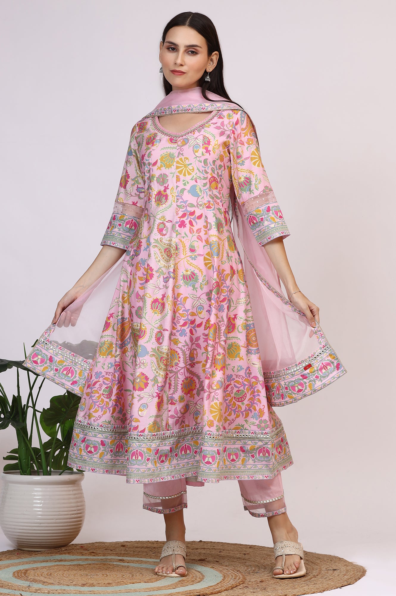 Light Pink Floral Printed Muslin Anarkali Kurta, Pants and Dupatta Set