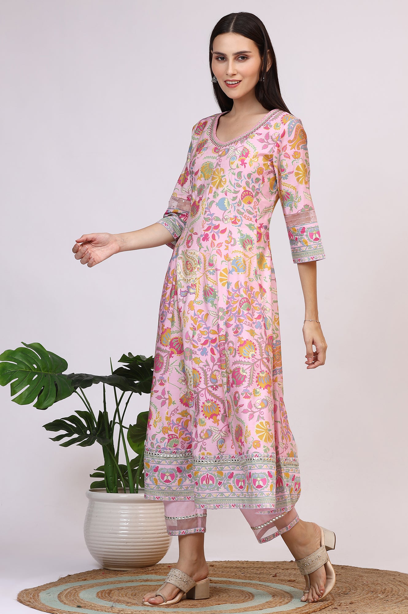 Light Pink Floral Printed Muslin Anarkali Kurta, Pants and Dupatta Set