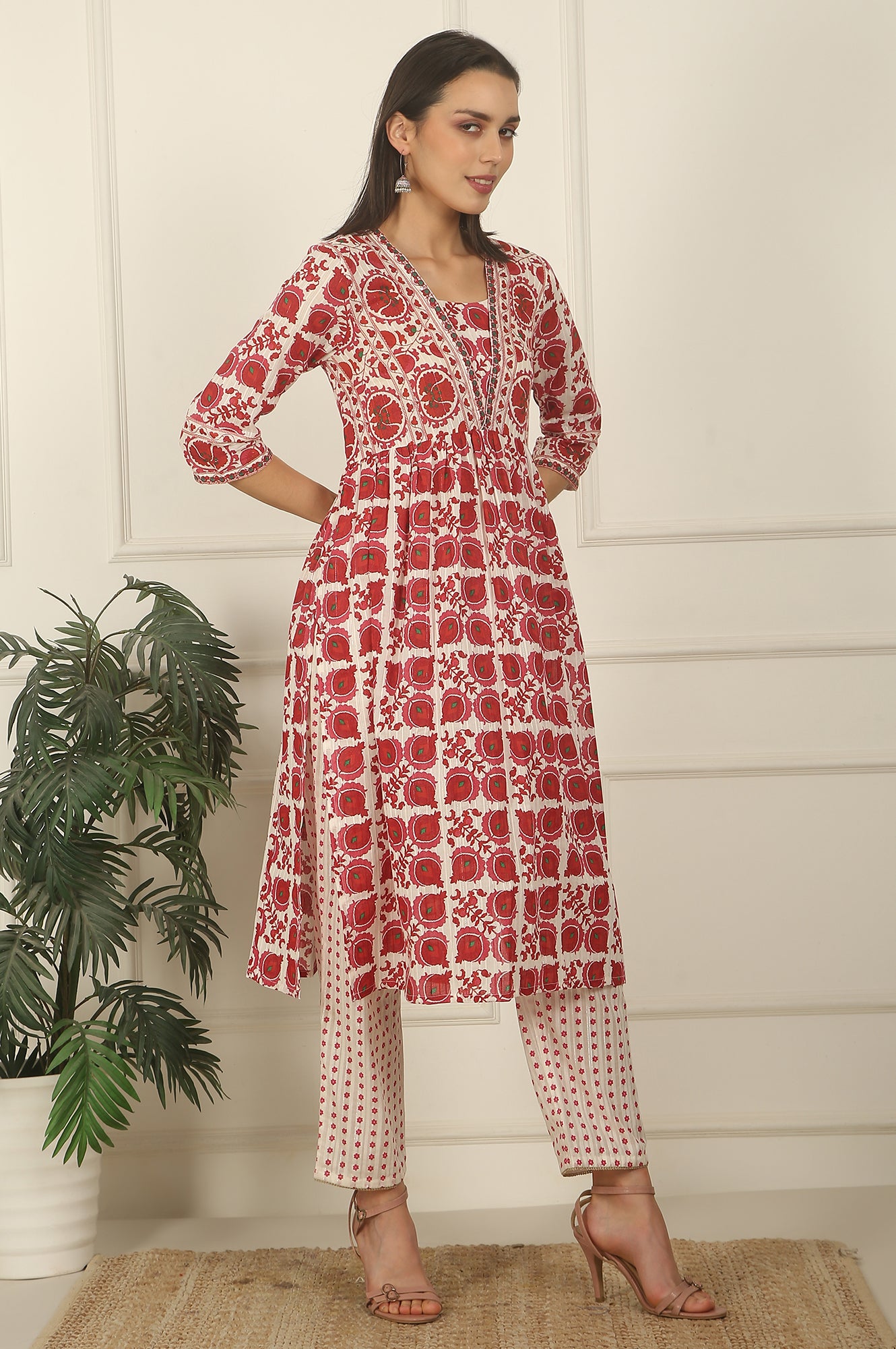 White and Red Printed Cotton Lurex Kurta, Pants and Dupatta Set