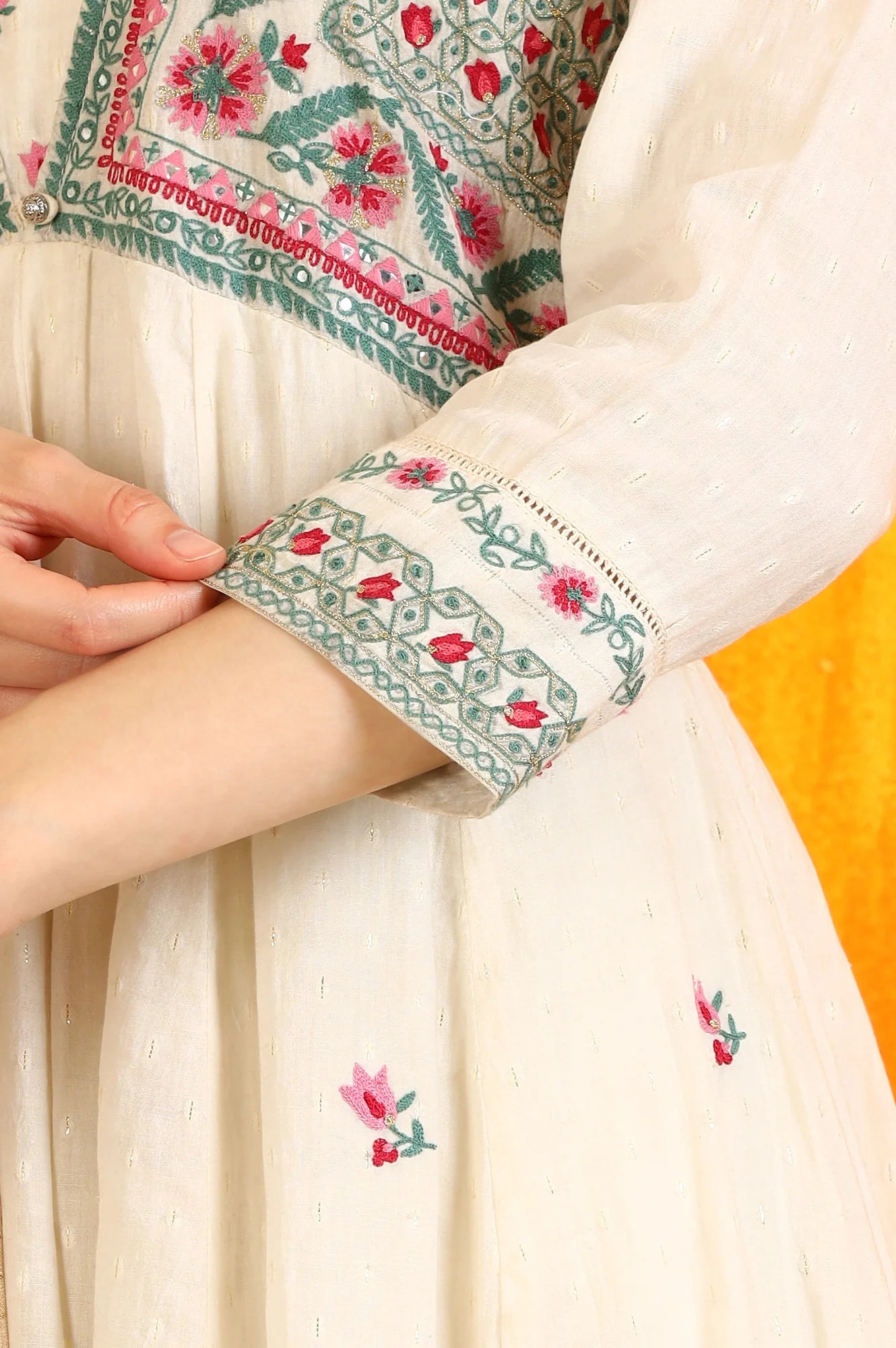 White Embroidered Yoke Cotton Dobby Anarkali Kurta, Pants and Dupatta Set