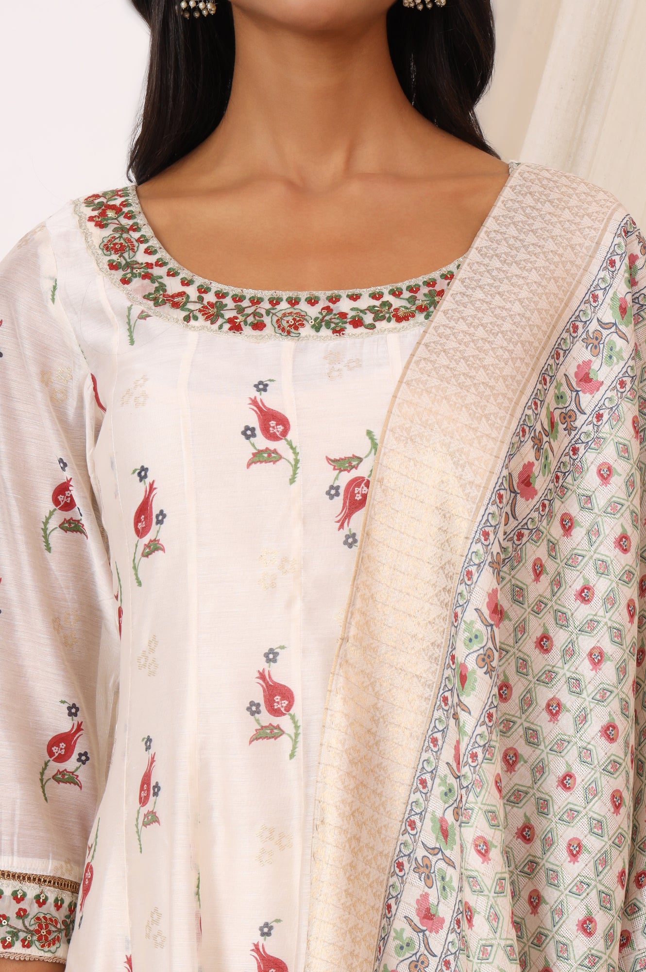 White Floral Printed Chanderi Anarkali Kurta, Pants and Dupatta Set