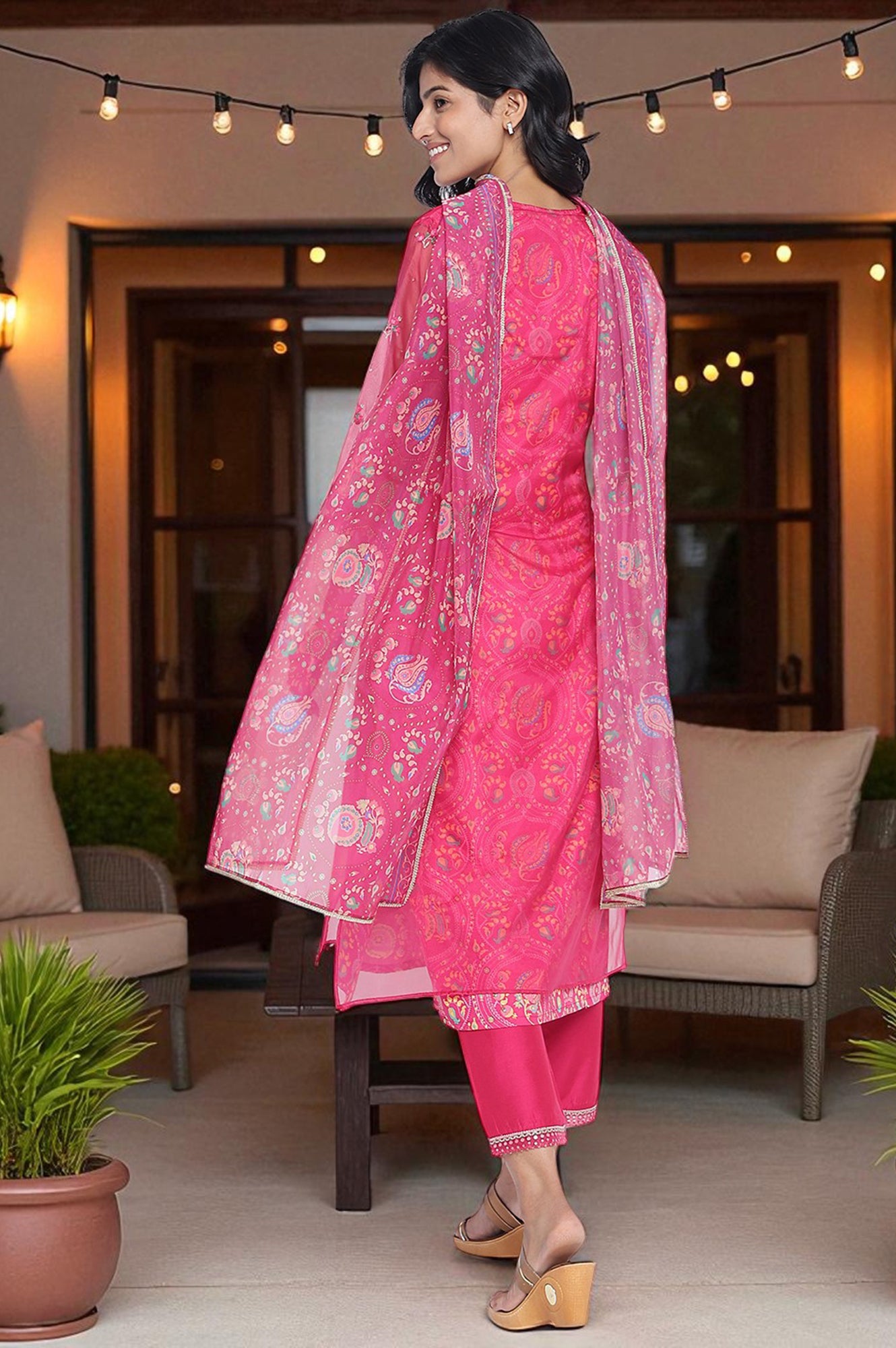 Fuschia Pink Printed Rayon Straight Kurta, Straight Pant and Dupatta Set