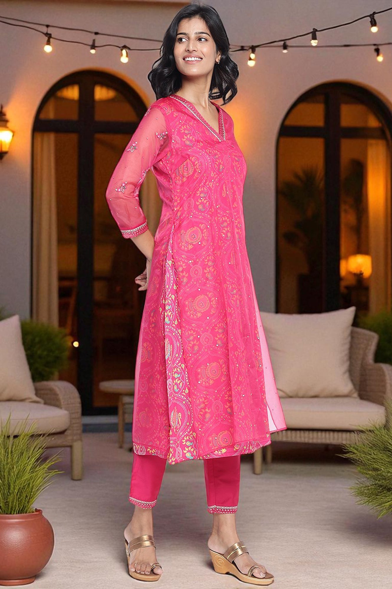 Fuschia Pink Printed Rayon Straight Kurta, Straight Pant and Dupatta Set