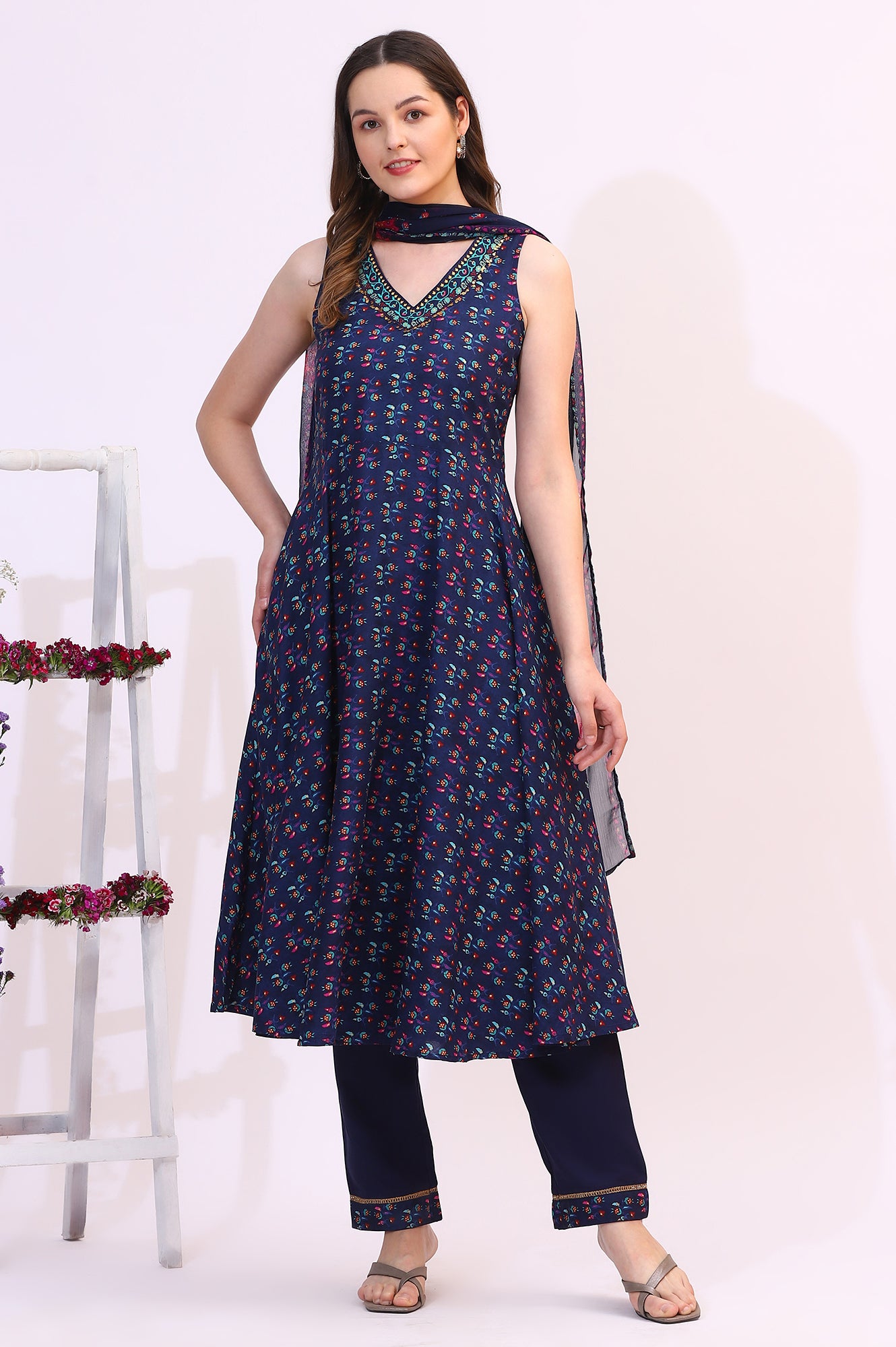 Deep Blue Floral Foil Printed Sleeveless Rayon Anarkali Kurta, Straight Pants and Dupatta Set