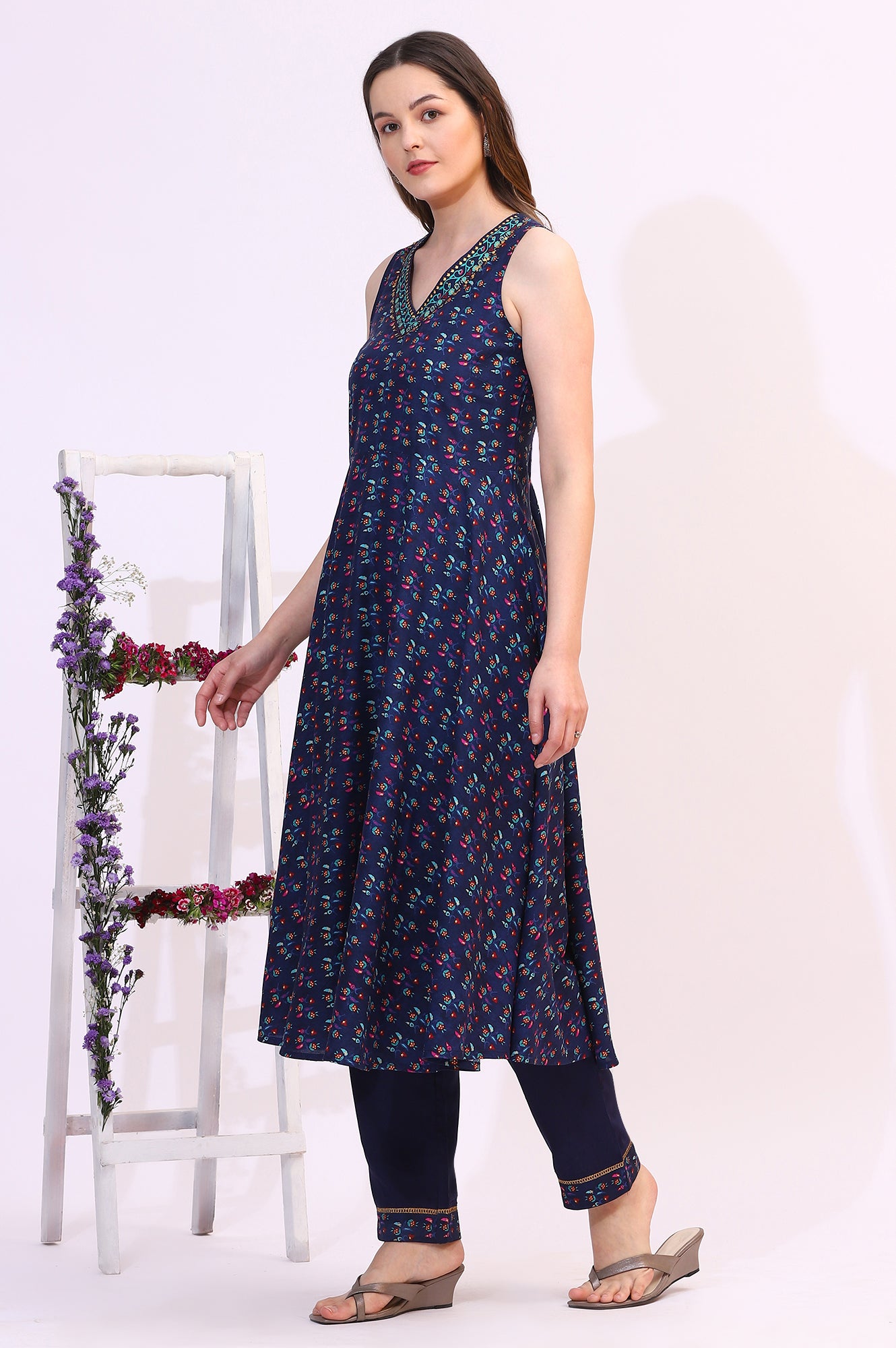 Deep Blue Floral Foil Printed Sleeveless Rayon Anarkali Kurta, Straight Pants and Dupatta Set
