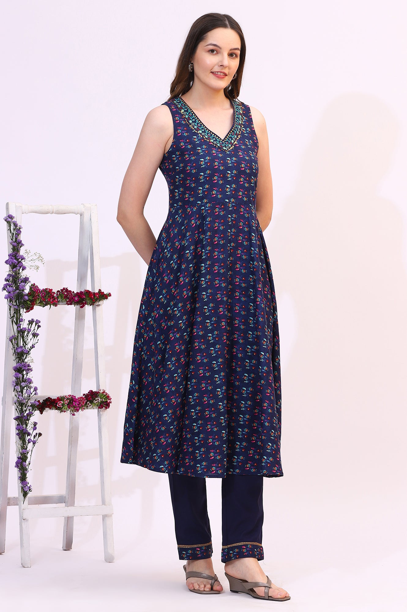 Deep Blue Floral Foil Printed Sleeveless Rayon Anarkali Kurta, Straight Pants and Dupatta Set