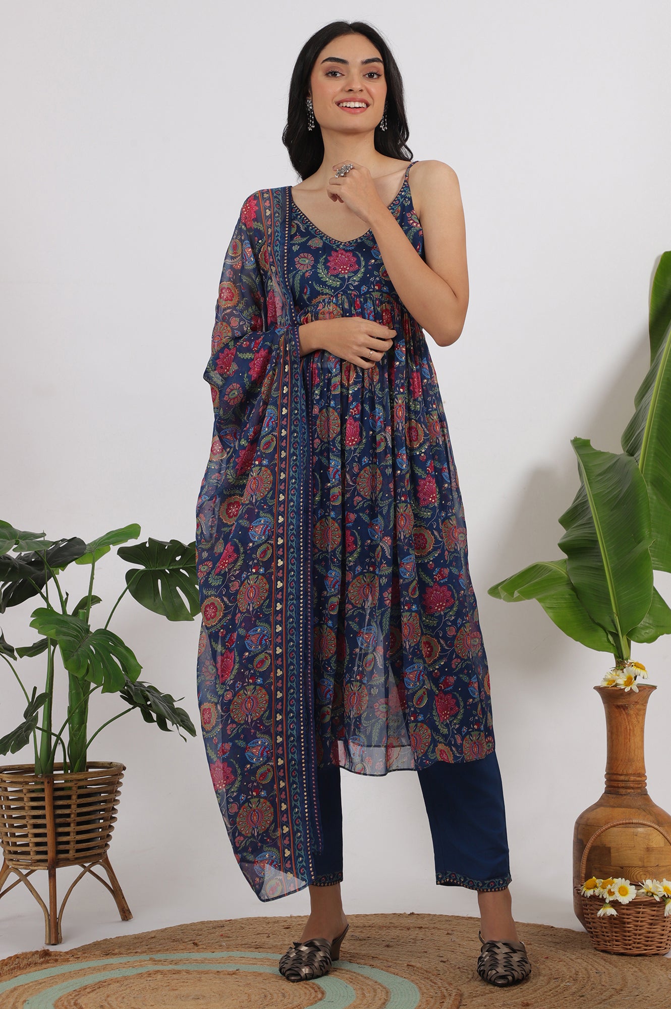 Blue Floral Printed Chiffon Spaghetti Kurta, Pants and Dupatta Set