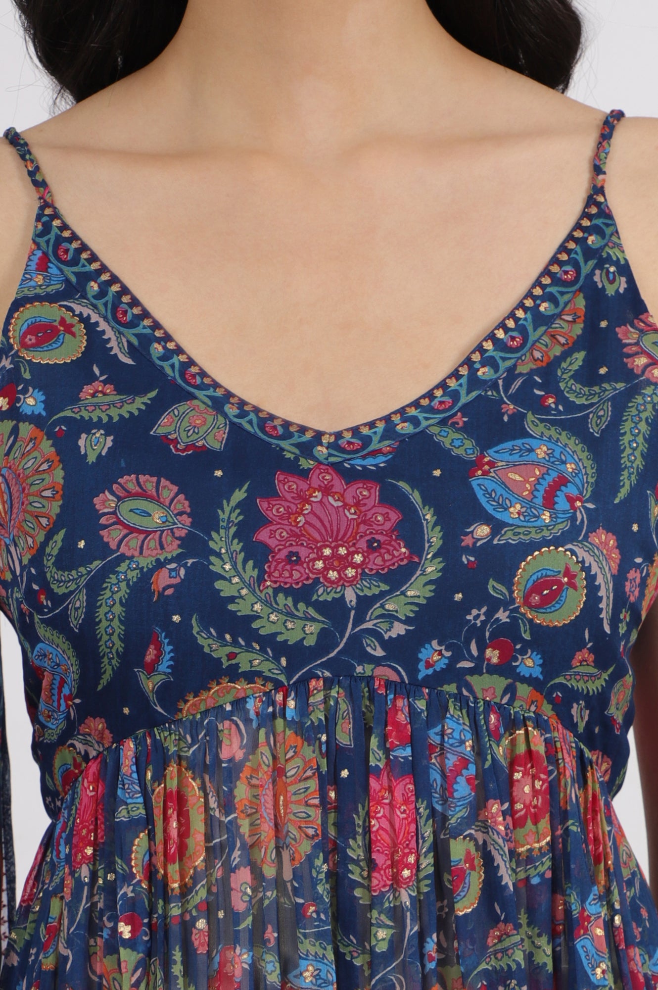 Blue Floral Printed Chiffon Spaghetti Kurta, Pants and Dupatta Set