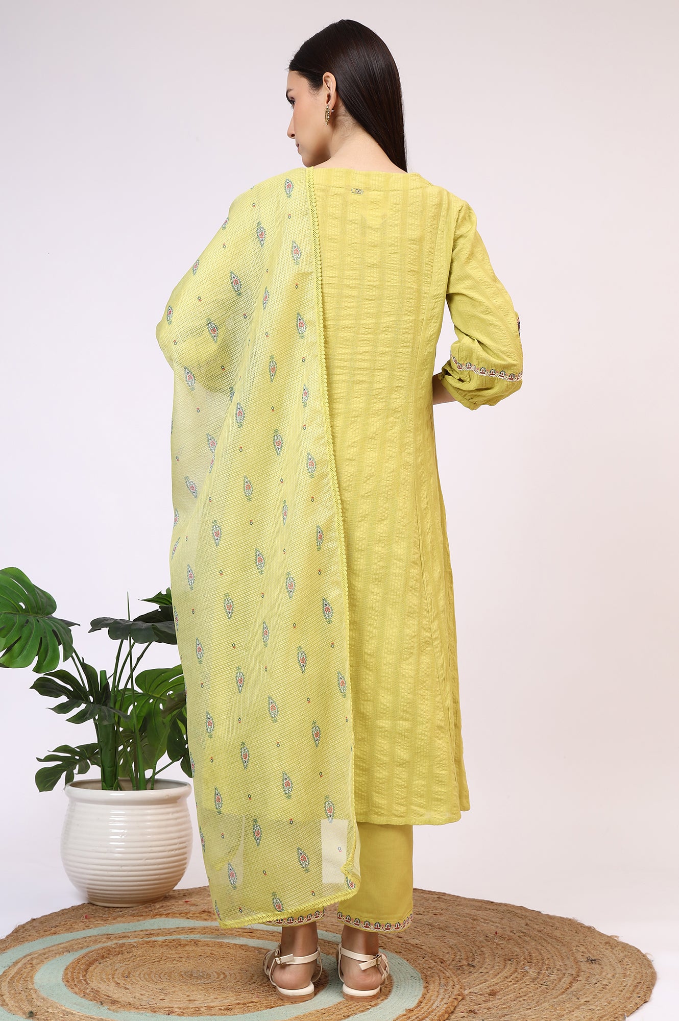 Light Green Embroidered Textured Cotton Flared Kurta, Pants and Dupatta Set