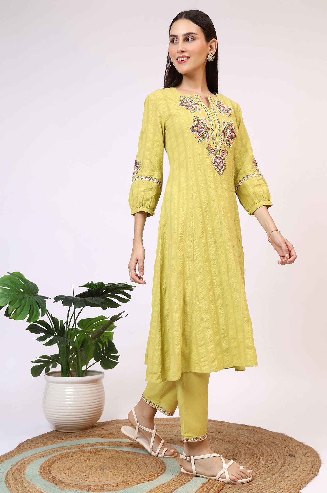 Light Green Embroidered Textured Cotton Flared Kurta, Pants and Dupatta Set