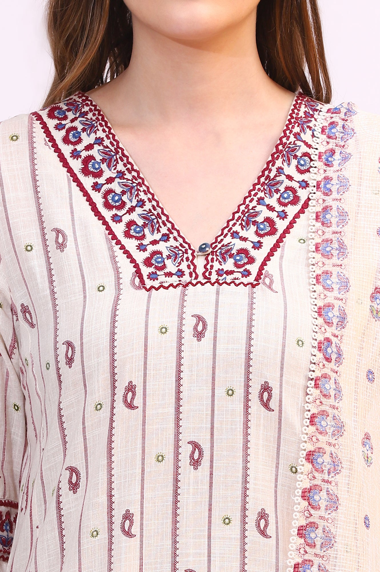 Off-White Paisley Printed Pure Cotton Straight Kurta, Pants and Dupatta Set