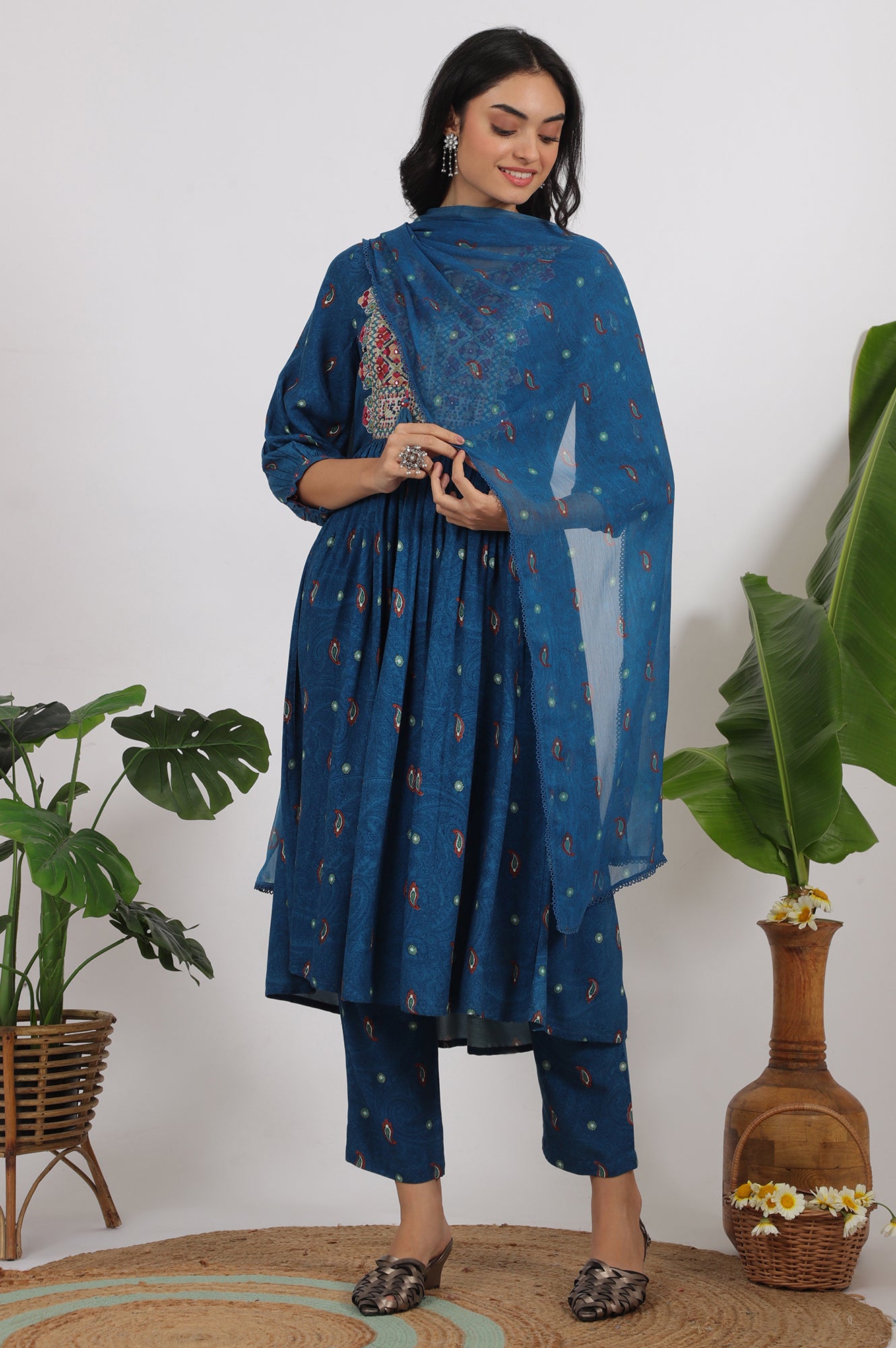 Teal Blue Embroidered Yoke Rayon Kurta, Straight Pants and Dupatta Set