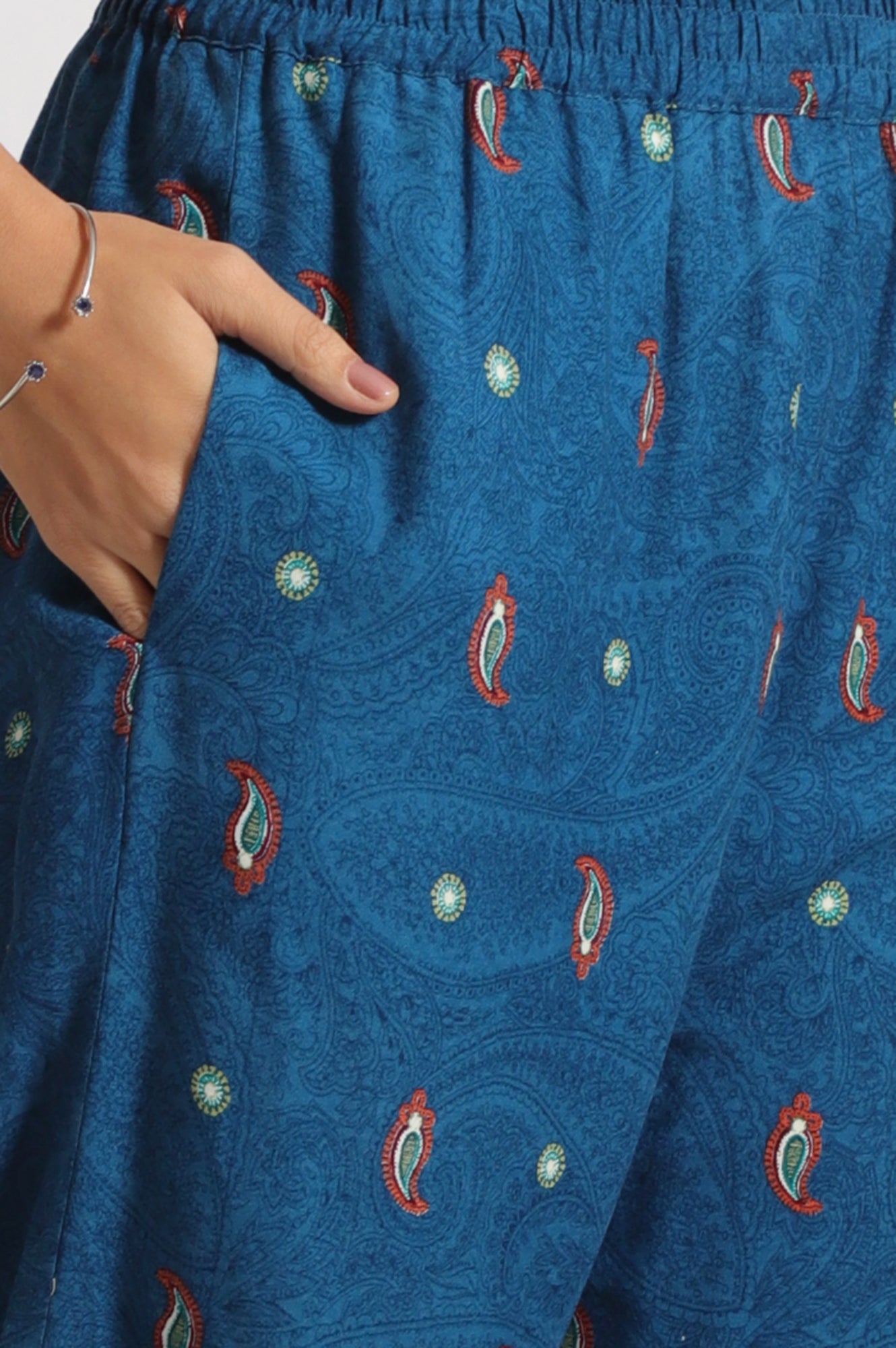 Teal Blue Embroidered Yoke Rayon Kurta, Straight Pants and Dupatta Set