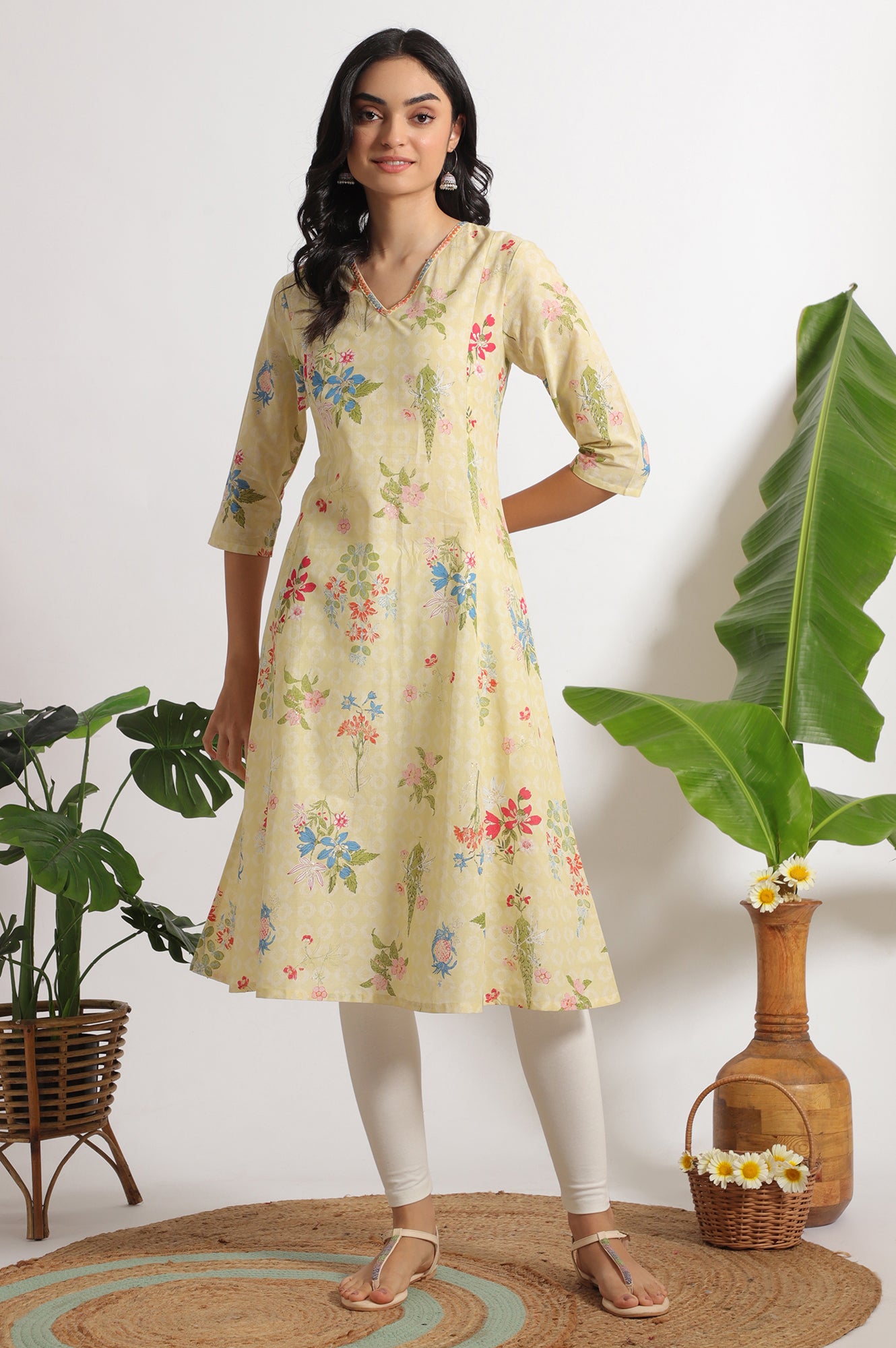 Yellow Floral Printed A-line Pure Cotton Kurta and Leggings Set