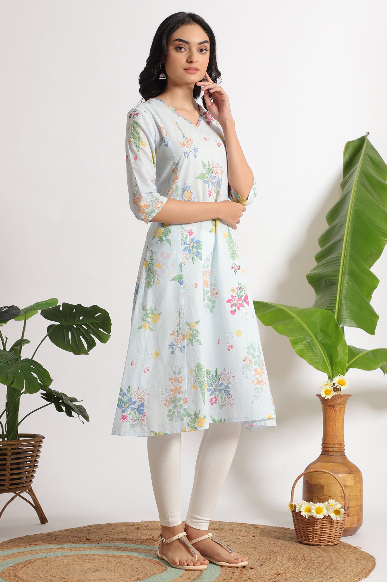 Light Blue Floral Printed A-line Pure Cotton Kurta and Leggings Set